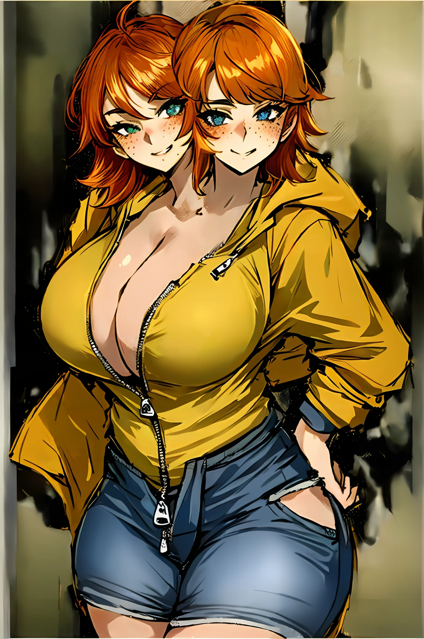 2heads, a chubby woman with 2 heads. She has enormous breasts. She is wearing a zip-up hoodie. Her hoodie is unzipped. She is not wearing clothes beneath the hoodie. Her enormous breasts are exposed through the unzipped hoodie. She is wearing jeans. She has thick thighs. She has gigantic breasts. She is blushing. She is smiling. She looks seductive. Massive breasts. She has orange hair. She has freckles.