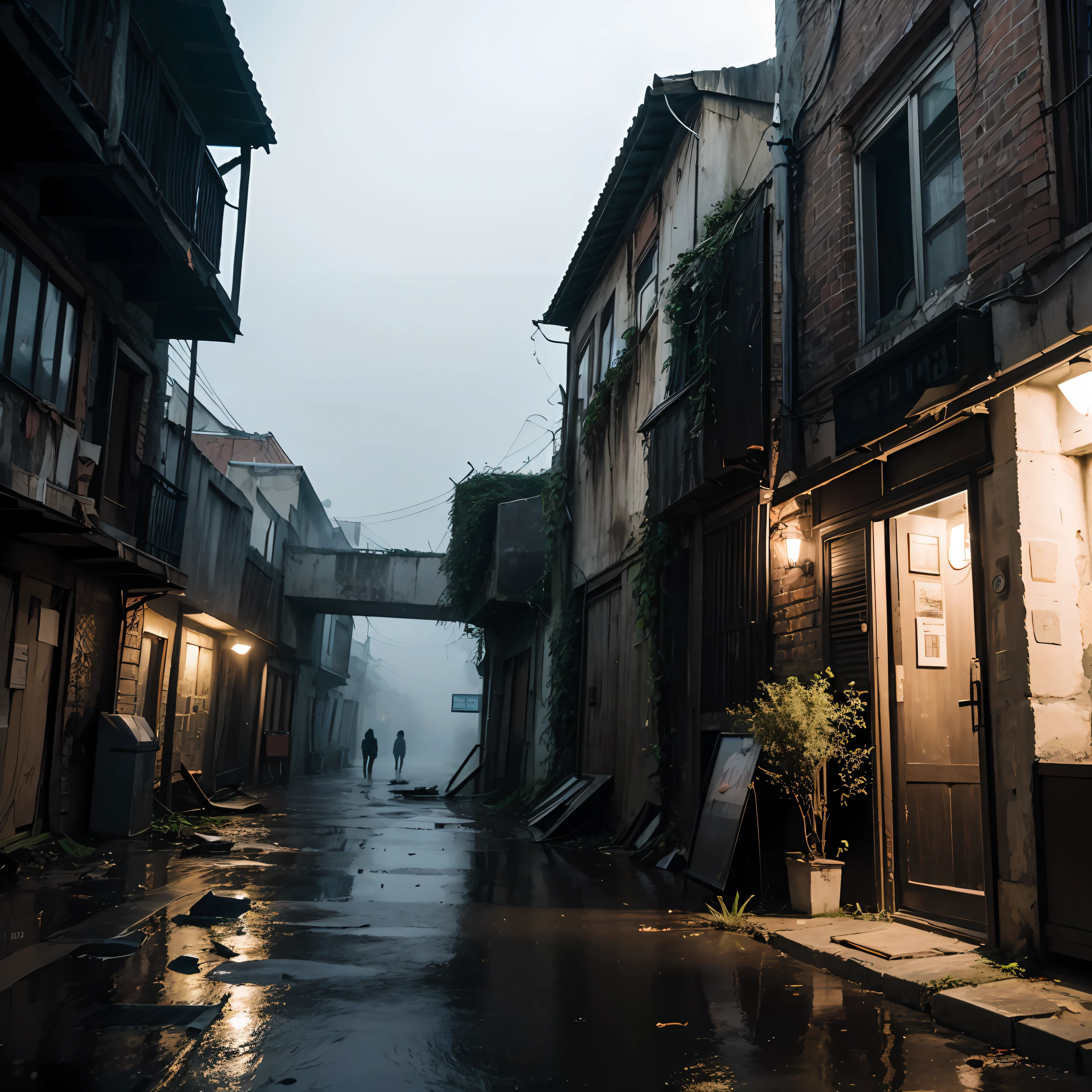 (Armageddon),Dark,Dilapidated city,Plants climbing all over the walls ,Night,a heavy rain,Black rain,(Heavy fog,dense fog),Dilapidated streets,Dimly lit alleyway,(A dimly-lit),relic,(Dilapidated buildings),(Uninhabited city)