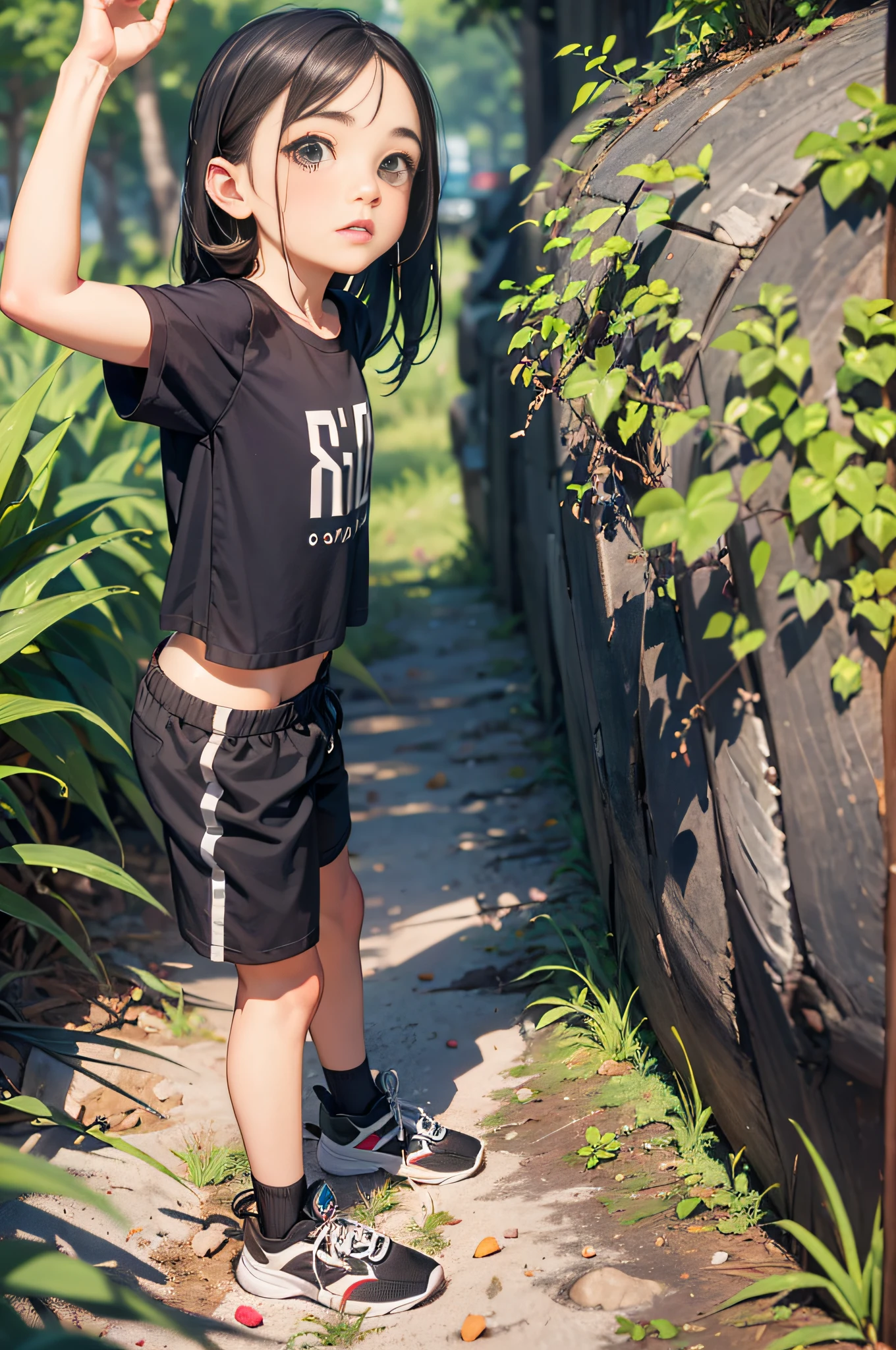 uma menina chamada Anne de 8 anos de idade, corpo inteiro, pele branca, olhos pretos, fleshy lips, cabelo preto liso na altura dos ombros, small hands, olhos grandes e castanhos, picking up small stones from the ground in a forest, usando coton shorts preto e camiseta preta sem desenho nesta camiseta, sem imagem tenis preto, Absurdo, melhor qualidade, somente, lateralmente, The illustration is of an 8-year-old girl who stands on her side for the camera ((perfil lateral)) looking up standing up raising one hand, ela usa shorts preto, black T-shirt and black sneakers.