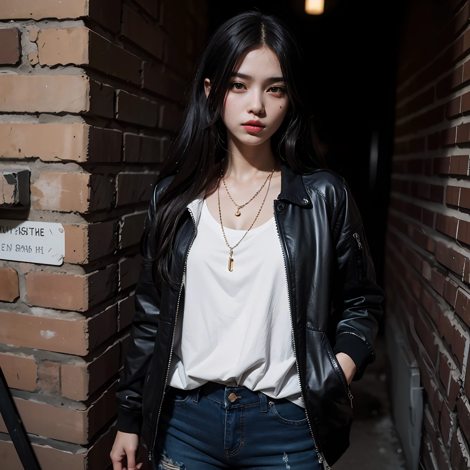 The best quality, intricate details, line art, monochrome,

1 girl, long hair, black hair, messy hair, hair in one eye, sharp eyes,

Necklaces, shirts, torn pants, open jackets,

Against walls, brick walls, graffiti, dim lights, alleys