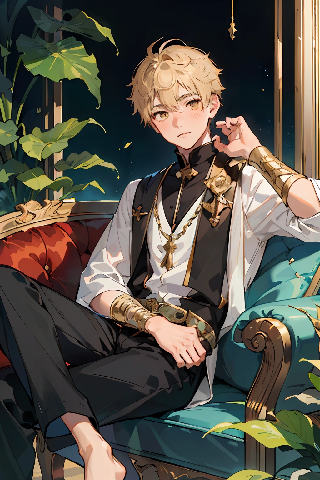 (AS-Young:1.7), (1boy:1.8), (male focus:1.2), (cute:1.7) solo, solo focus, masterpiece, ((exquisite_detail)), illustration, (handsome), extremely_detailed_CG, gold eyes, black, blush, golden robe, merchant, leaf, looking at viewer, sitting down, (spread legs:0.9), (barefoot:0.9), cute boy