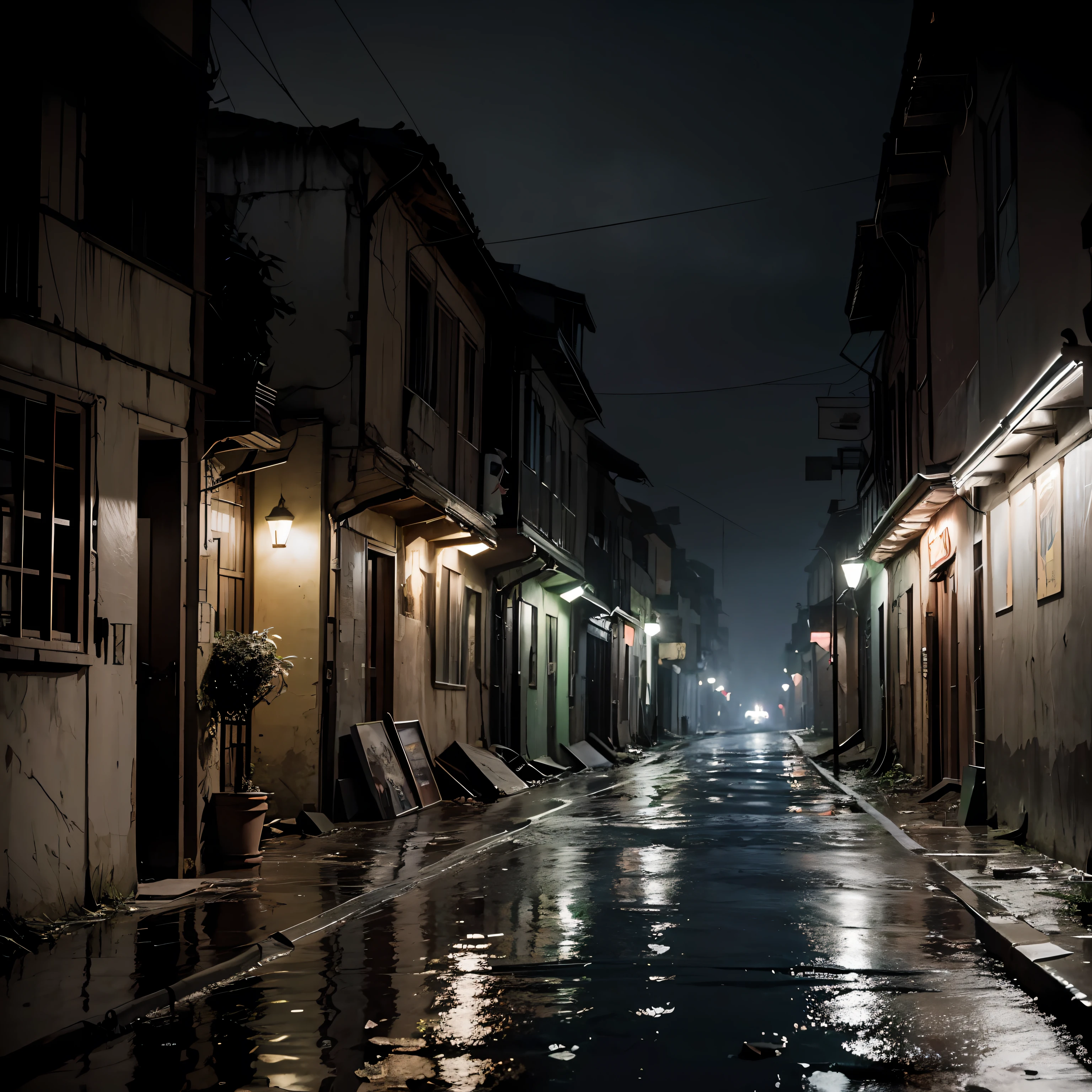 (Armageddon),Dark,Dilapidated city,Plants climbing all over the walls ,Night,a heavy rain,Black rain,(Heavy fog,dense fog),Dilapidated streets,Dimly lit alleyway,(A dimly-lit),relic,(Dilapidated buildings),(Uninhabited city)