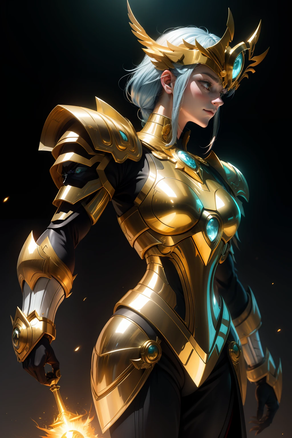 (extremely detailed CG unity 8k wallpaper,masterpiece, best quality, ultra-detailed),best illumination,an extremely delicate and beautiful,soulful,colorful shoulder armor, shine, unique face,coruscating Athena's golden sacred object,calm expression,moonlit blue glowing hair,ornate helmet, fiery cosmos, mythological spirits, eternal struggle, Os Cavaleiros do Zodíaco Saint Seiya.