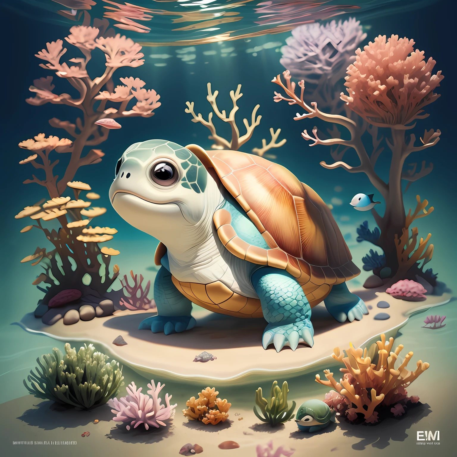 "(illustration of children's book, estilo simples e fofo) - A small sea turtle in various poses and expressions, em fundo branco. with a pink flower on the head. -auto"