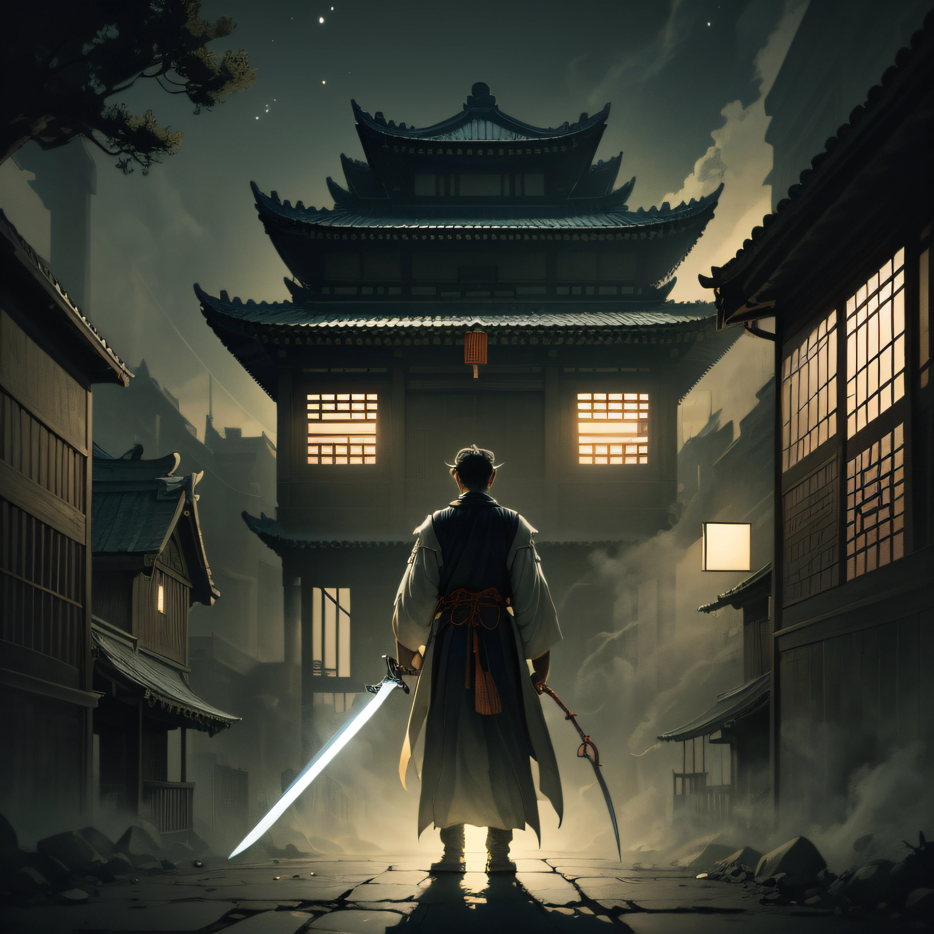 Ultra view A man stands on a house,Ancient Chinese architecture,Streets,Night,Wearing black Hanfu,With a sword in his hand,Back Shadow,Ultra-long viewing angle,Pedestrians