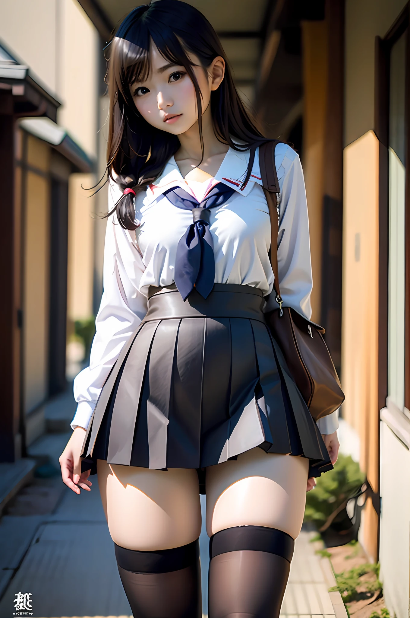 Japanese school girl, thigh high socks cover the thigh, Ass exposed