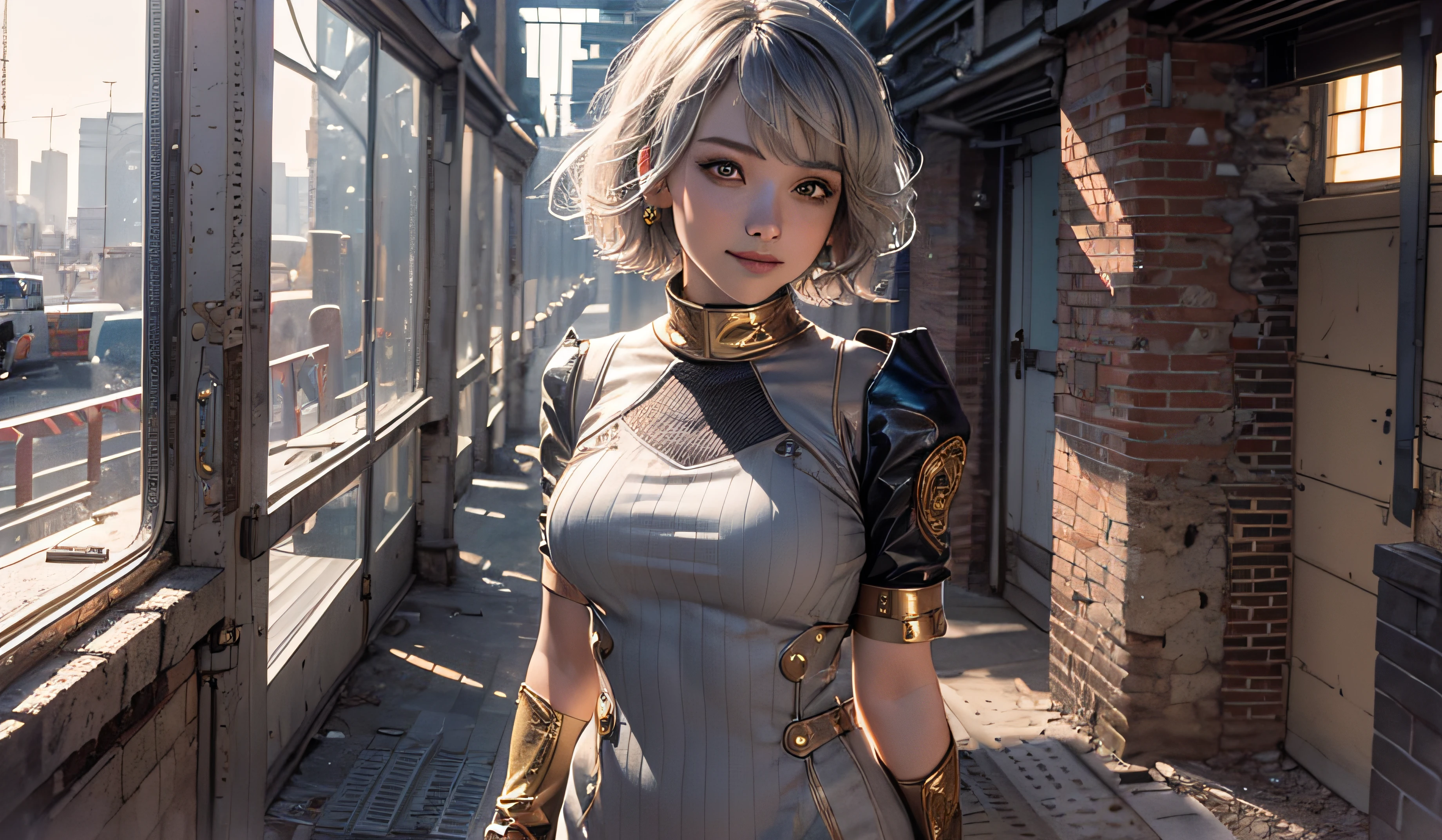Full body, gray hair, (Dragoon: 1.2), Brantovan, masterpiece, top quality, official art, very elaborate CG Unity 8K wallpaper, for girls, ultra high resolution, (photorealistic: 1.4), golden hour lighting, sweater dress, (platinum shorthair: 0.8), (puffy eyes), looking at the viewer, frontal, smile, medium breasts, shirt lift, gloves, short hair