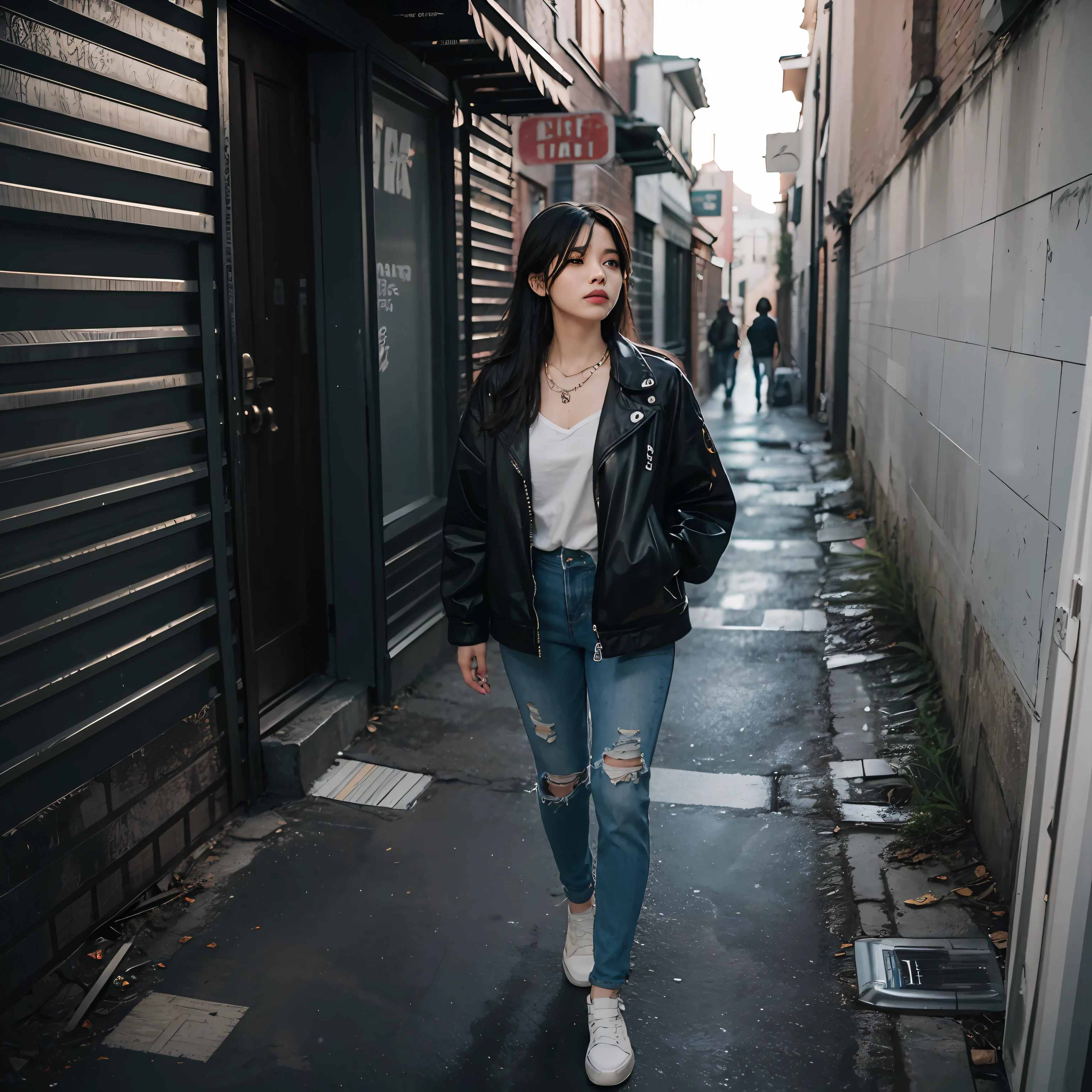 The best quality, intricate details, line art, monochrome,

1 girl, long hair, black hair, messy hair, hair in one eye, sharp eyes,

Necklaces, shirts, torn pants, open jackets,

Against walls, brick walls, graffiti, dim lights, alleys