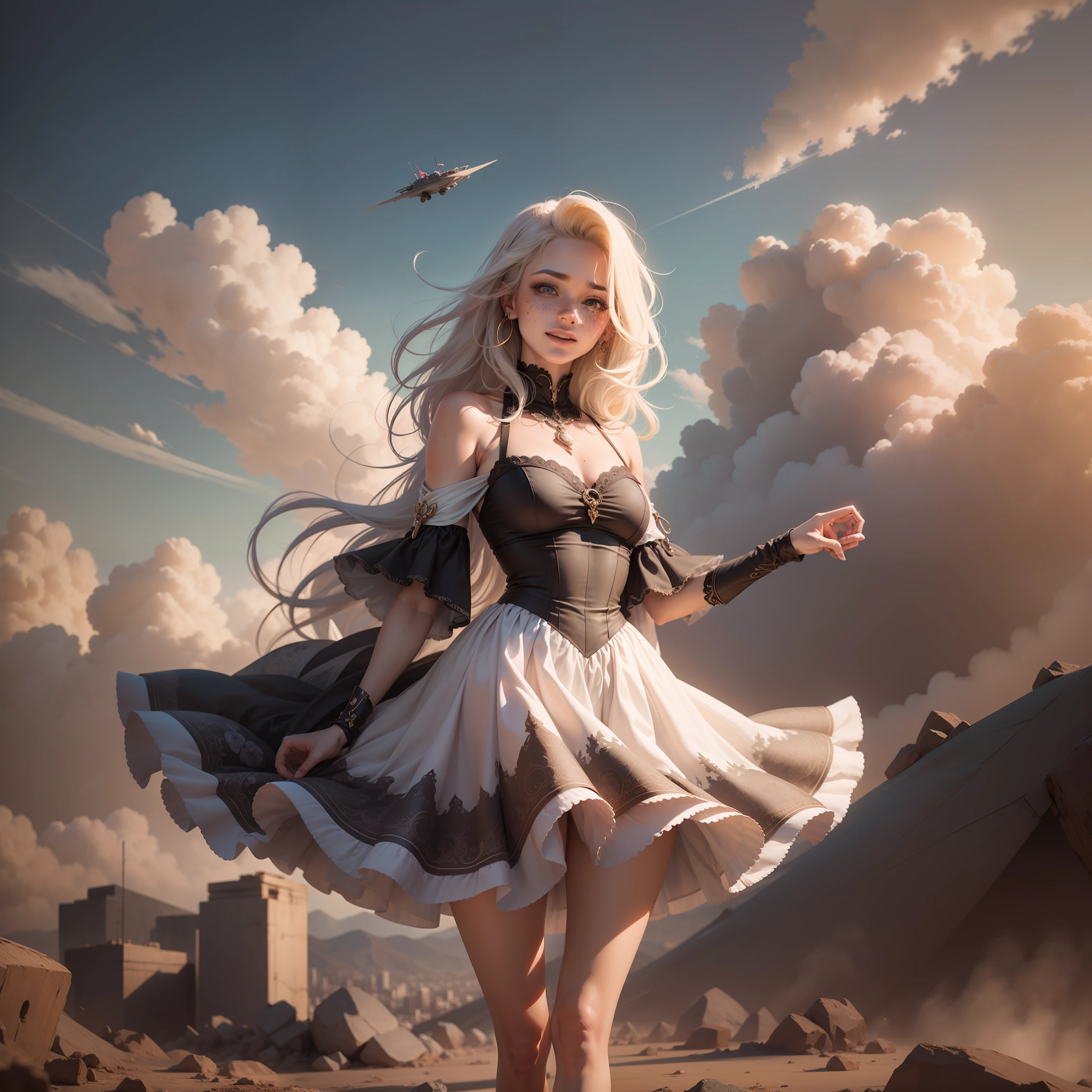 Mulher de 25 anos, cabelos loiros cinzas, olhos cinzas, com vestido branco e detalhes dourados, pale skin and freckles, leve sorriso, extremamente sexy, deified traits, levitando e destruindo uma cidade ao redor, levitating buildings, pessoas desesperadas, fotorrealista, hdr, 8k, RAW,