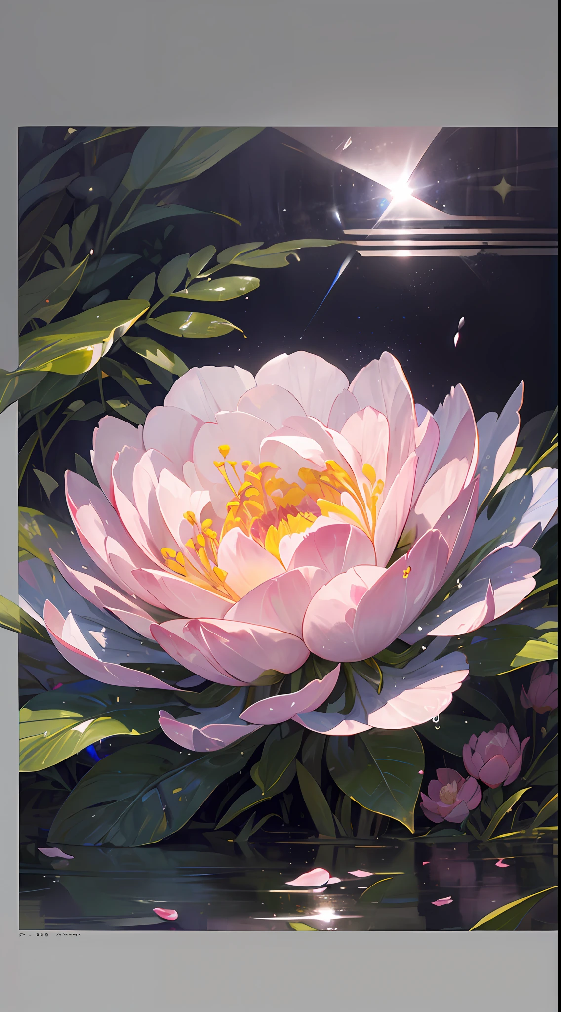 Peony flower, super transparent, holy light, beautiful spectrum light, petals glowing, shimmering, dark background, transparent light drops, reflected light, bright, light streaming in, optical, portrait silhouette, sharp focus, magical, intricate, hyper-realistic, fantasy, composition, light, artstation trend, pearl, patron saint cloud of silver steam, corroded surround ray family, 8k, real ar 23v4 uplight