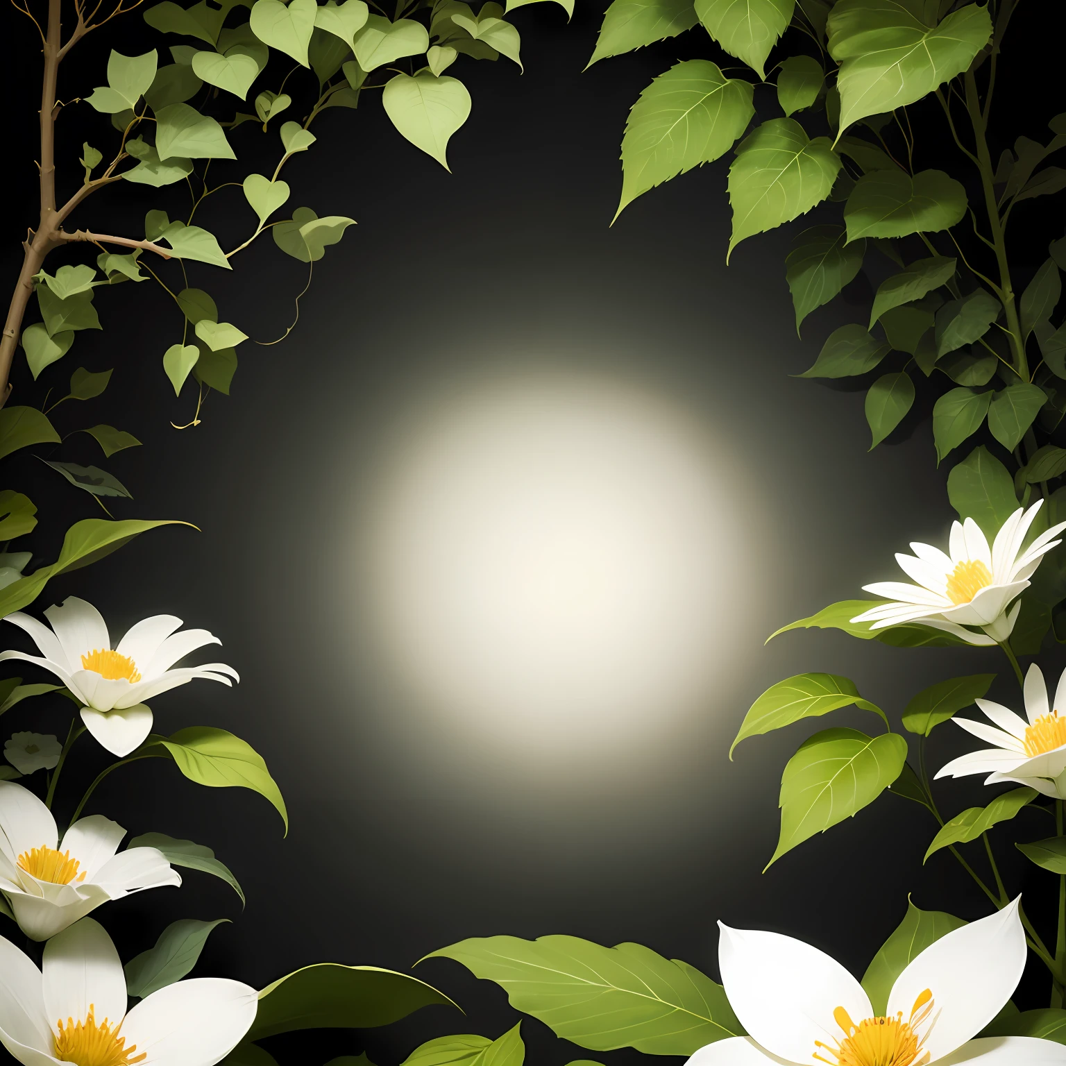 Background design、without background、Monotone black background color、White flowers and ivy