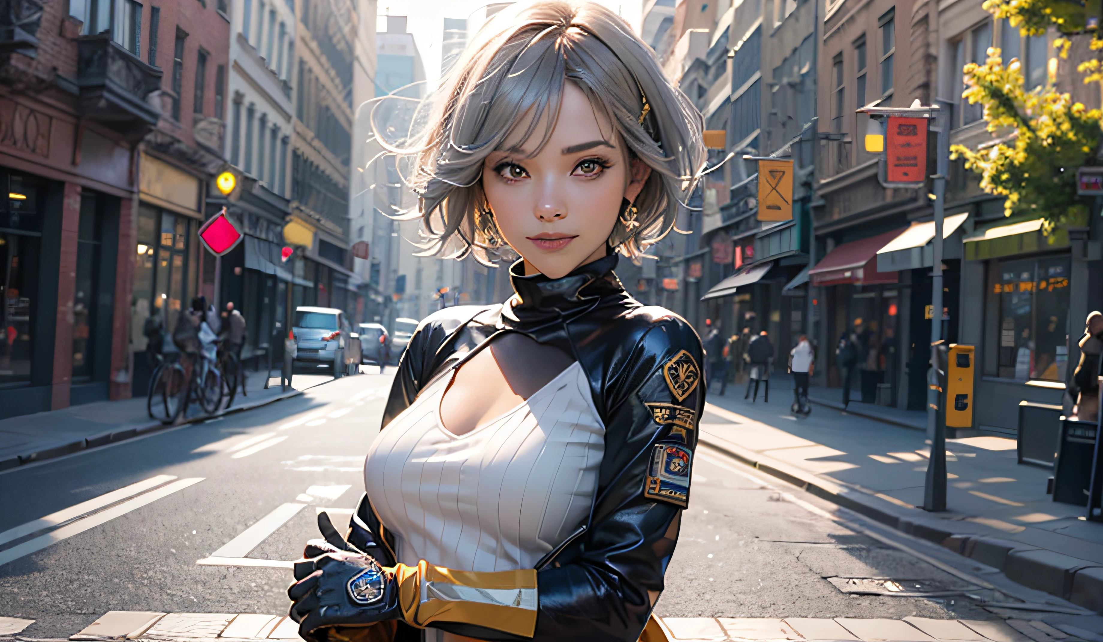 Full body, gray hair, (Dragoon: 1.2), Brantovan, masterpiece, top quality, official art, very elaborate CG Unity 8K wallpaper, for girls, ultra high resolution, (photorealistic: 1.4), golden hour lighting, sweater dress, (platinum shorthair: 0.8), (puffy eyes), looking at the viewer, frontal, smile, medium breasts, shirt lift, gloves, short hair