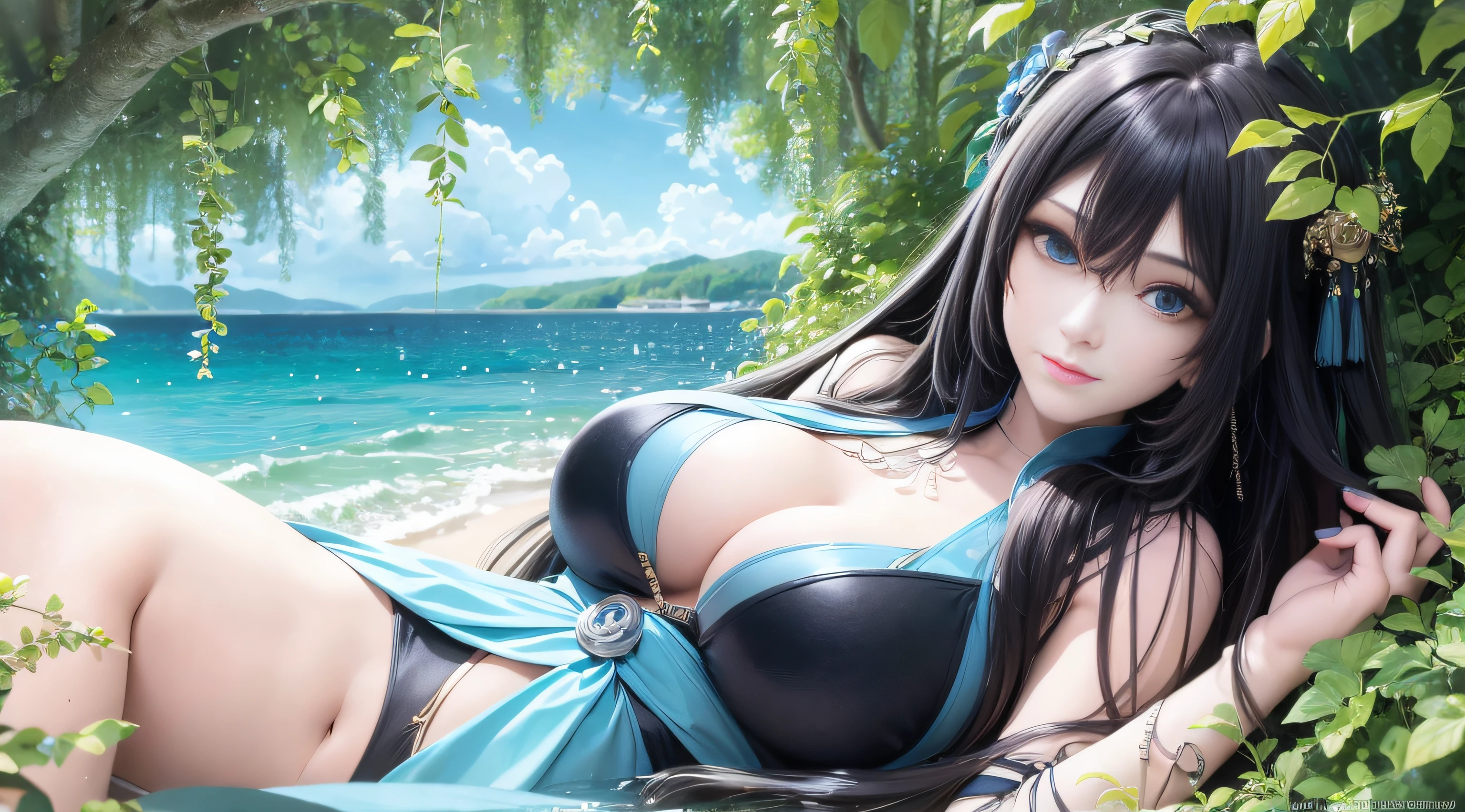 Best Quority,a masterpiece of,extremely delicateand beautiful,abundantly detailed,CG,unified,8k壁紙,beautiful detailed girl,(very vey very detailed face), 1girl huge large breasts,独奏,,ssmile ,The whole body leans against the trees by the sea,Wearing a blue bikini,large tities,black color hair
