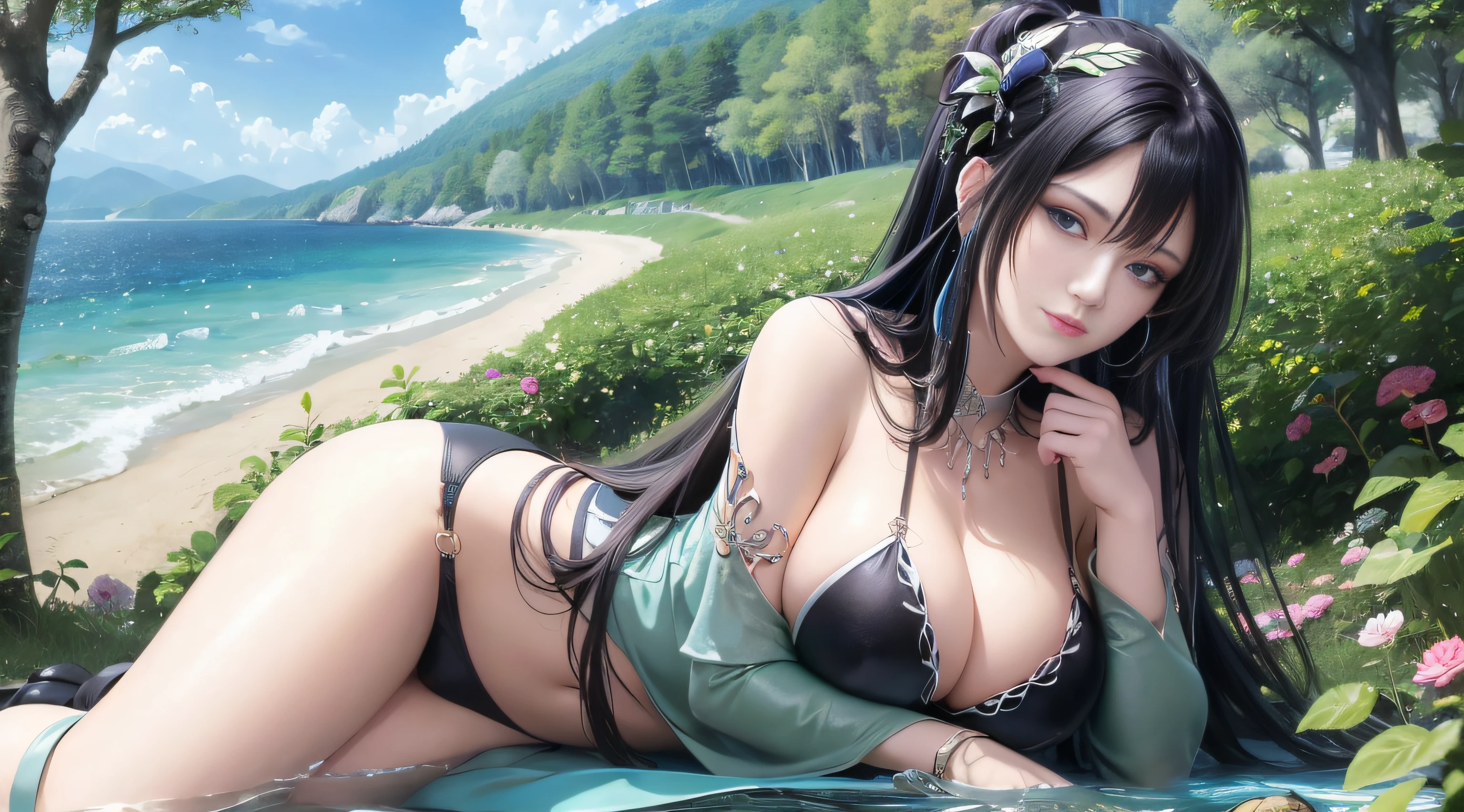 Best Quority，a masterpiece of，extremely delicateand beautiful，abundantly detailed，CG，unified，8k壁紙，beautiful detailed girl，（very vey very detailed face）， 1girl huge large breasts，独奏，，ssmile ，The whole body leans against the trees by the sea，Wearing a blue bikini，large tities，black color hair