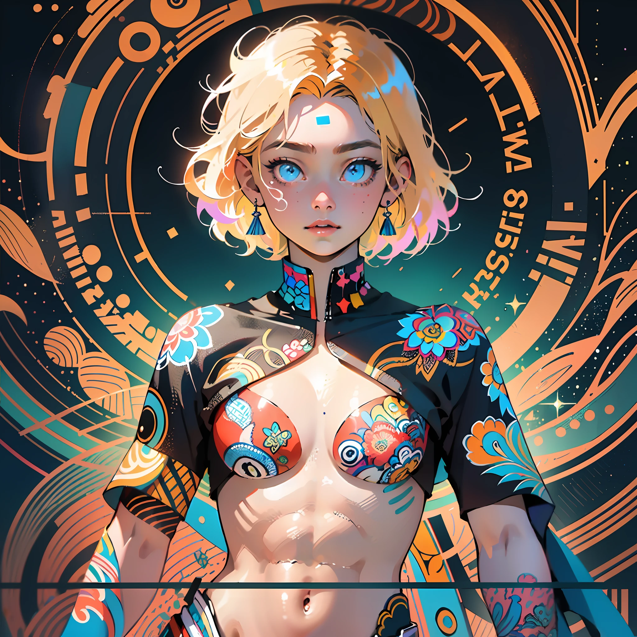 Realistic, (Masterpiece, Top Quality, Best Quality, Official Art, Beauty and Aesthetics: 1.2), Very Detailed, Fractal Art, Colorful, Most Detailed, Zentangle, (Abstract Background: 1.5) (1girl), God, Blonde Hair, Short Hair, (Glowing Blue Eyes), Pectals, Abs, Mysterious, (Magic), Crystal