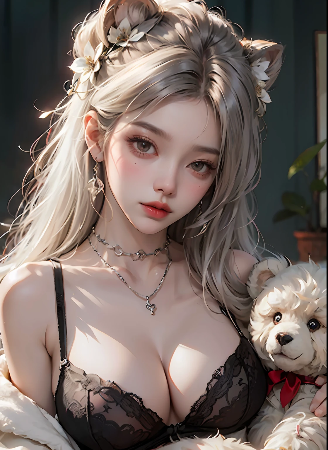 1 girl, cleavage, high detail eyes, lips, short wave white hair, photo_\(medium\), black lure nightdress, realistic, sleeping, very huge breast, solo, thighs slightly open, stuffed animals, stuffed animals, teddy bears, underwear,(masterpiece),(photoreal: 1.3), nfsw, ultra detailed, (high detail skin: 1.2), (top quality: 1.0), (ultra high definition: 1.0), light on face, official lady, earing, necklace, flowers on hair, korean idol, shy, shy look, lingerie, pantyhose