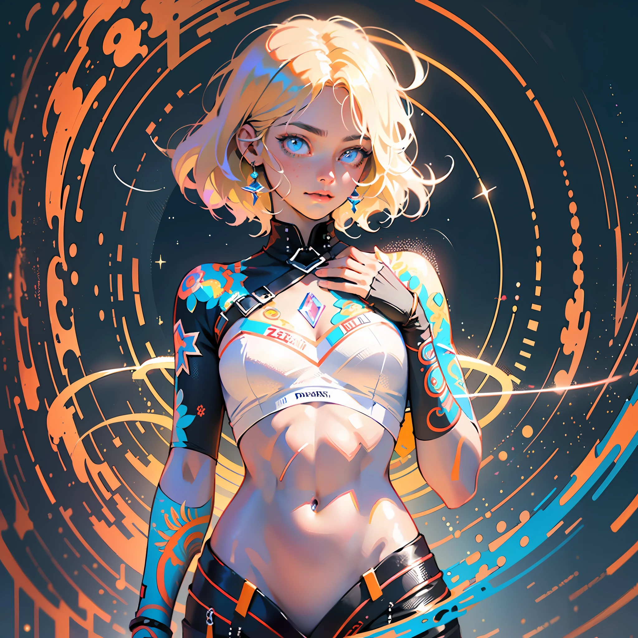 Realistic, (Masterpiece, Top Quality, Best Quality, Official Art, Beauty and Aesthetics: 1.2), Very Detailed, Fractal Art, Colorful, Most Detailed, Zentangle, (Abstract Background: 1.5) (1girl), God, Blonde Hair, Short Hair, (Glowing Blue Eyes), Pectals, Abs, Mysterious, (Magic), Crystal