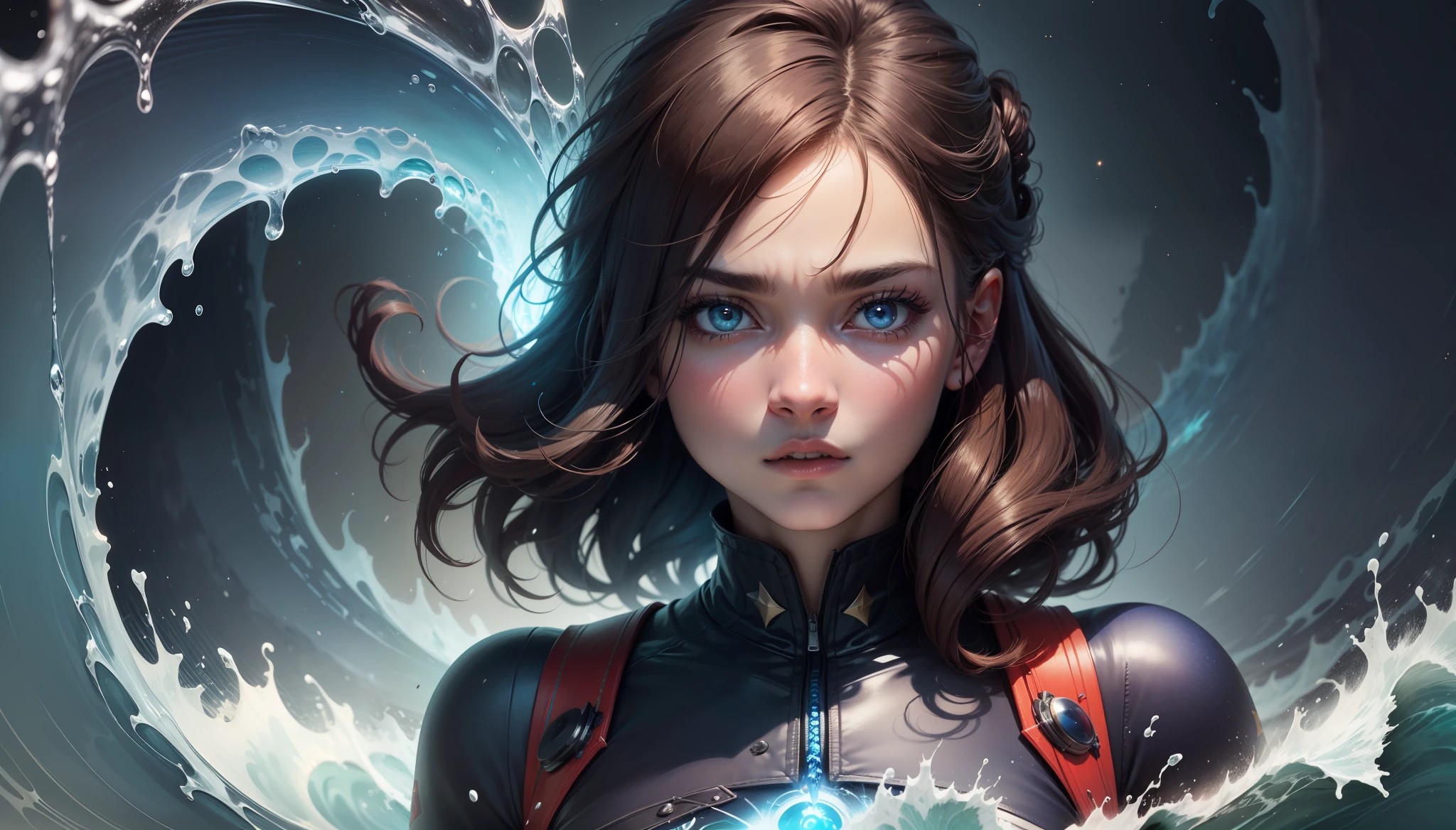 Being made of blue waves of energy with a red layer and a red glass star in front of the eyes