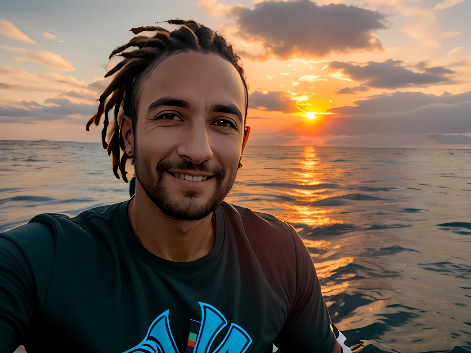 arafed man with dreadlocks on a boat in the ocean, con puesta de sol, ocean in the background, the ocean in the background, con una puesta de sol, al atardecer, en una hermosa puesta de sol, en la puesta de sol, durante la puesta de sol,un hombre, Parte superior del cuerpo, rastas, Llevar una falda escocesa, Camisa negra , [sonriente], (cerrar) Disparo en la cabeza, franco, aficionado, .RAW, 8k, UHD, Fujifulm XT3, Obra maestra