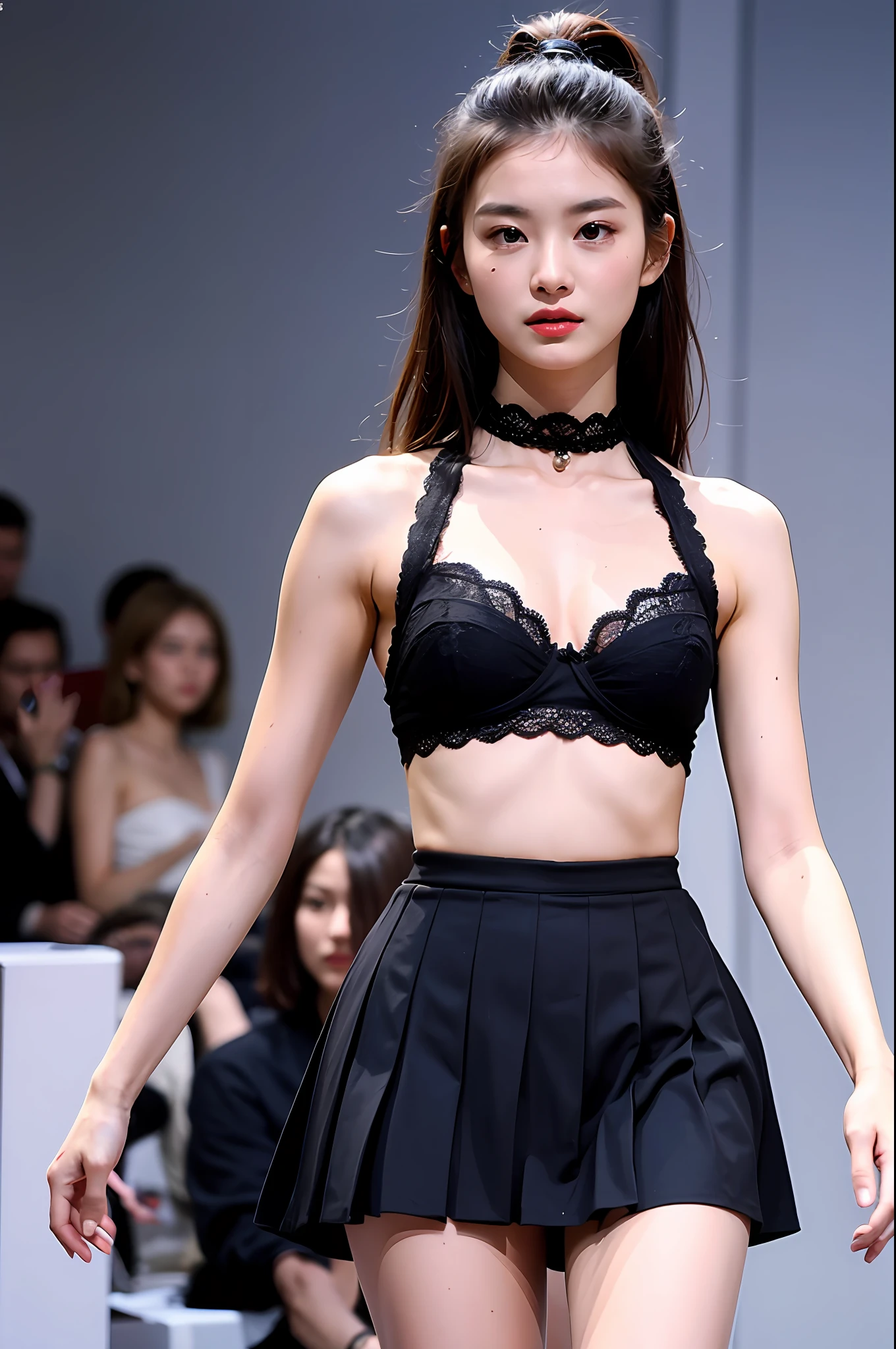 (Highly detailed body,Highly detailed face,the best quality:1.2) ,a woman with,Look at viewers,(Black bandeau,a black pleated skirt,Black lace collar)(C Chest 1.4),(Center of the catwalk in the background:1.4)