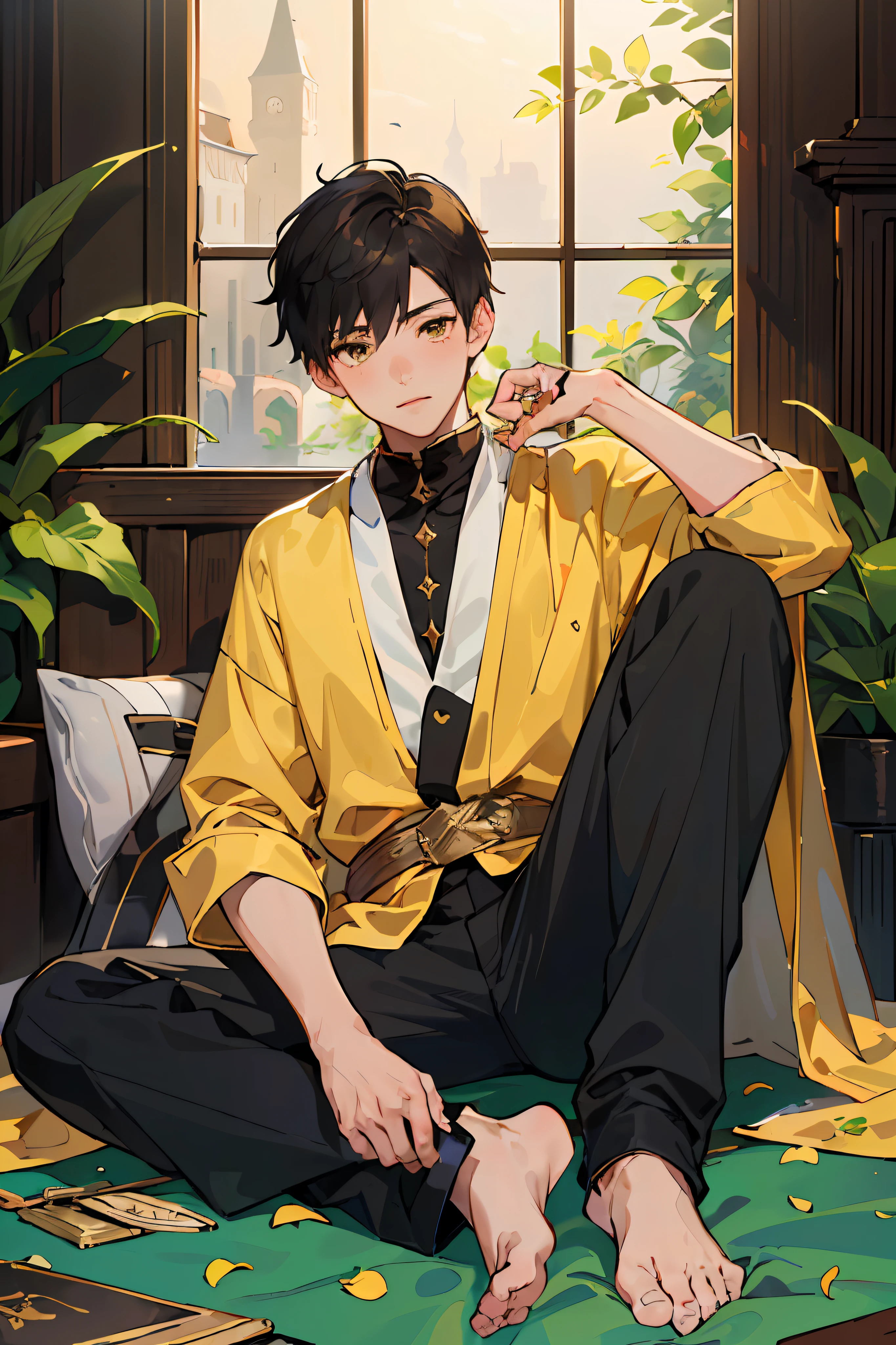 (AS-Young:1.7), (1boy:1.8), (male focus:1.2), (cute:1.7) solo, solo focus, masterpiece, ((exquisite_detail)), illustration, (handsome), extremely_detailed_CG, gold eyes, black, blush, golden robe, merchant, leaf, looking at viewer, sitting down, (spread legs:0.9), (barefoot:0.9), cute boy