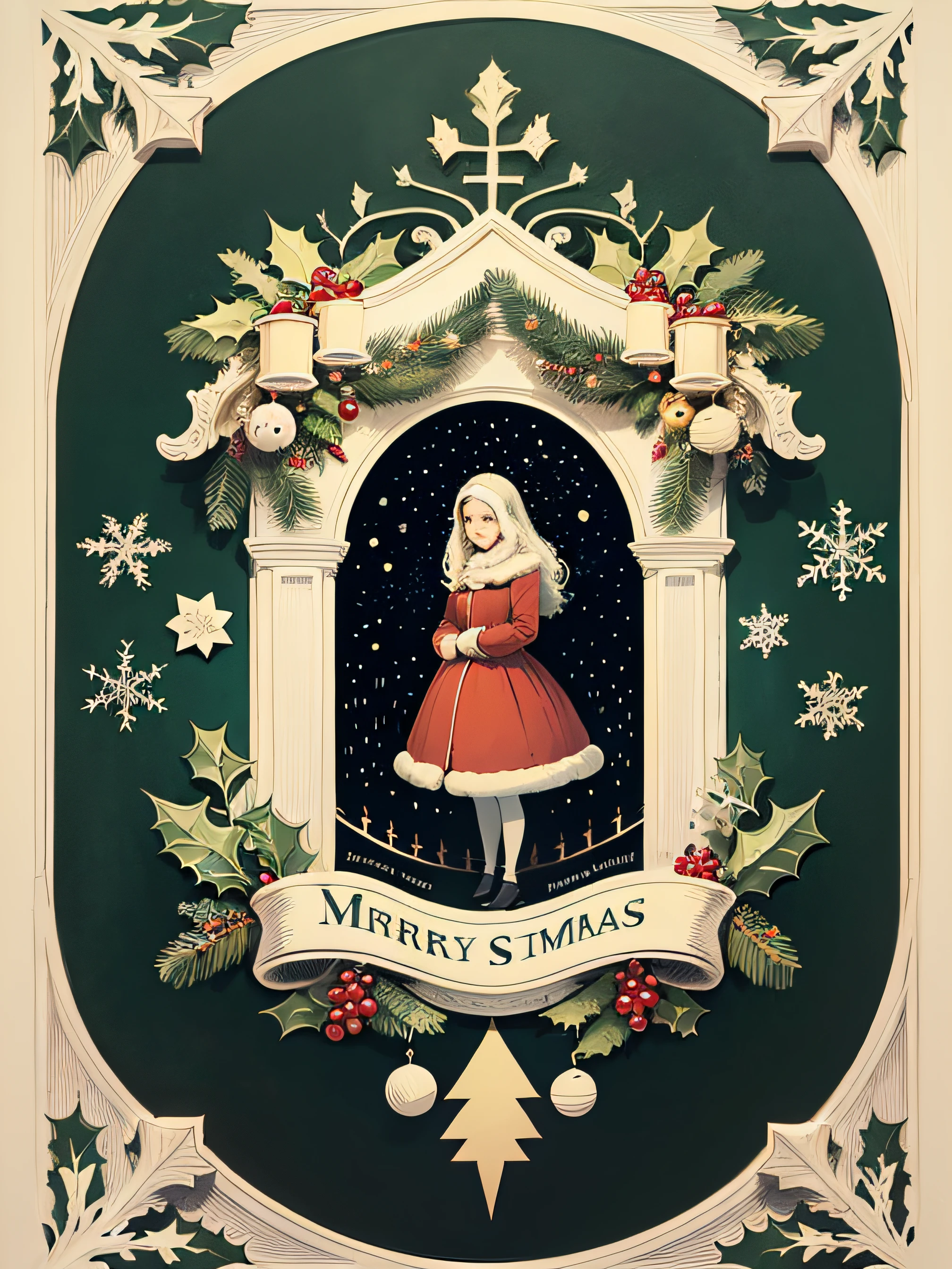 vintage illustrated Christmas card, image centered inside wide border around all four sides, vertical rectangle, drawn vertically, in the style of Kate Greenaway!, extra highly detailed drawing, flat!, vector art!--no shadows, illustration! --auto