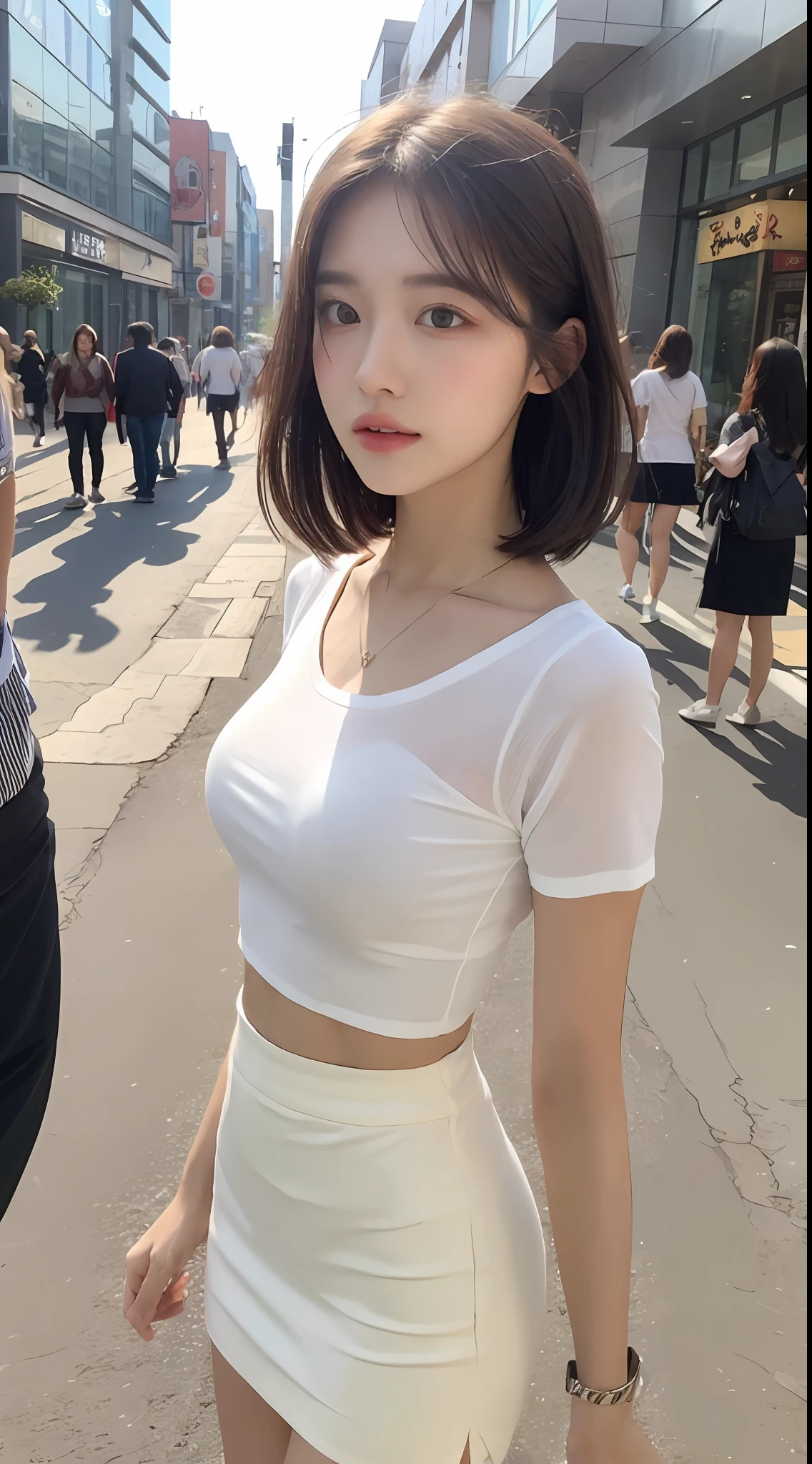 ((Best Quority,8K,a masterpiece of:1.3)),(Flower Cap:1.3),focal:1.2,Perfect beauty:1.4,glute:1.2,(Layered Hair Style:1.2)),(Dark streets:1.3),highly detailed face and skin textures,fullllbody,Elaborate Eyes,双眼皮,Whitens the skin,Short wave hair,(Round face:1.5),(Loose white top,Yellow miniskirt:1.6),Stand in the middle of the street
