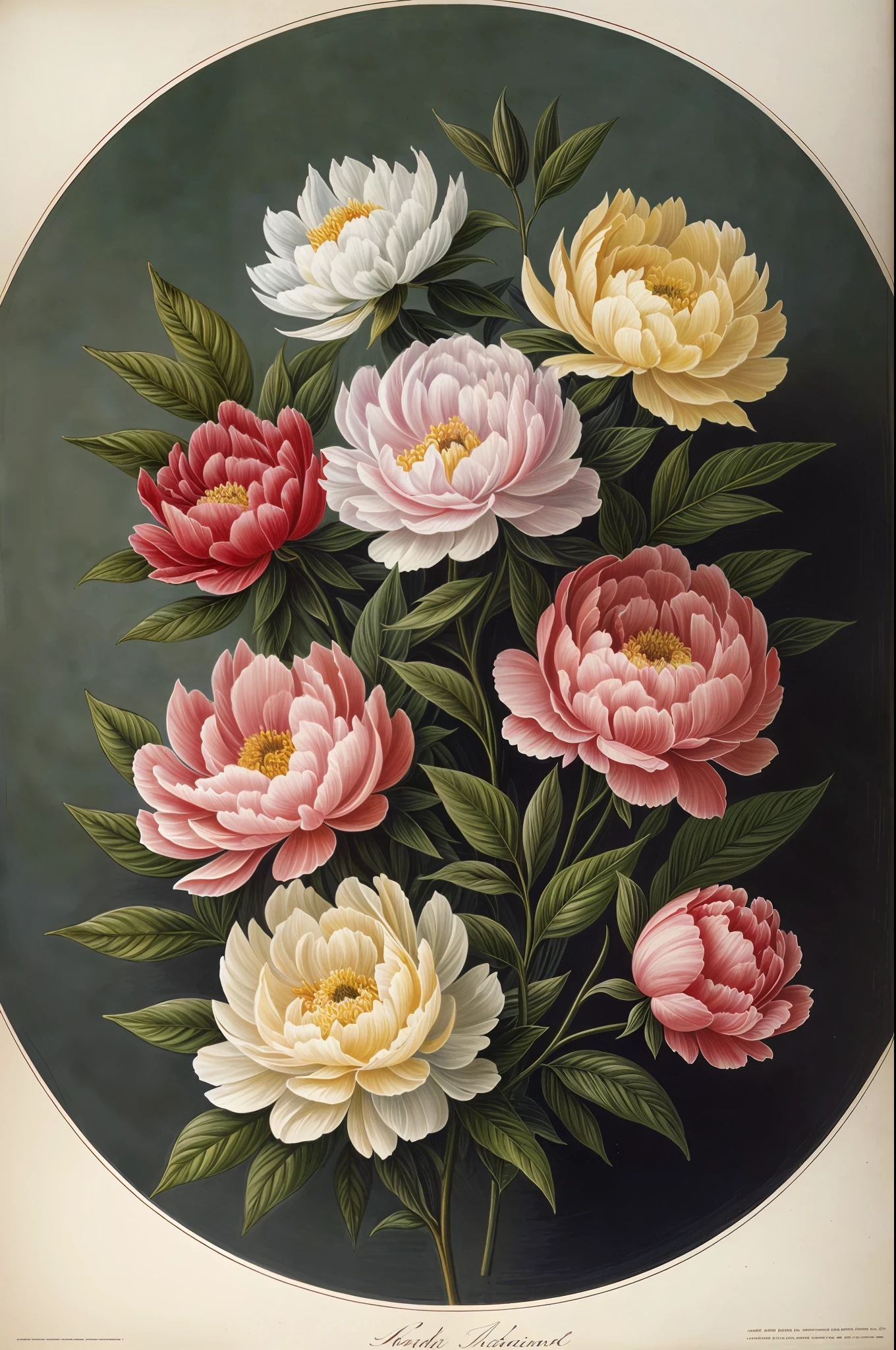 (best quality:1.2), (detailed:1.2), (masterpiece:1.2), vintage botanical illustrations of peonies (1770 1775) in high resolution by John Edwards