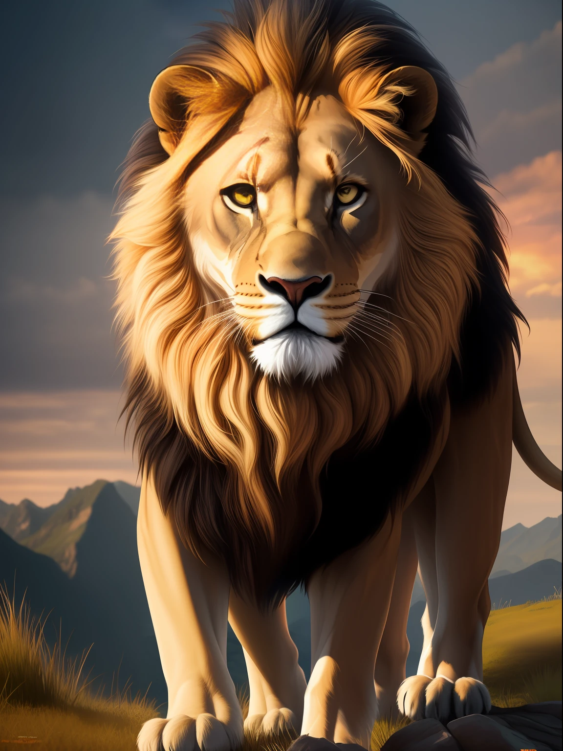 Estilo Modelshot, (papel de parede 8k de unidade CG extremamente detalhado), Lion on top of a mountain, simbolo do infinito na testa, uma linda bruxa medieval ao lado, 8k, super detalhada.