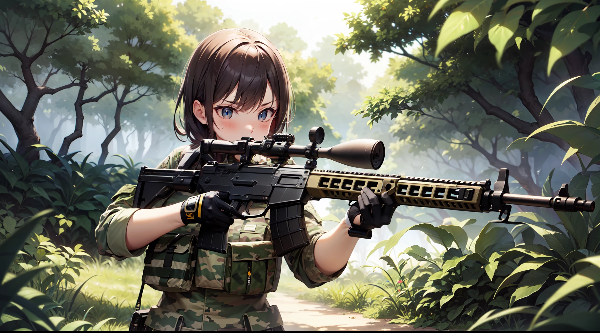 PMC, CQB, CQC, battle girl, assault rifle, jungle, camouflage
