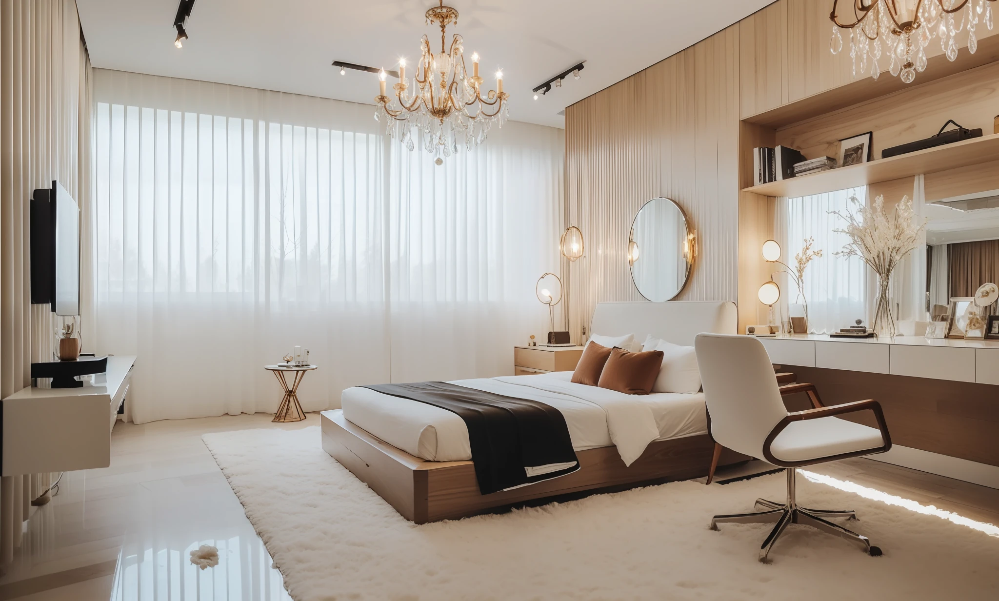 (spectacular landscape:1.1), best quality, super detail,(best quality:1.2, super detail:1.1, inspirational landscape:1.1), best quality, prime detail,  super detailed, ((best lighting, modern bedroom :1.2,with white curtains, vintage chandelier, remove carpet, brown wooden floor, wall by size bed ( glass, solid breck 0,75)