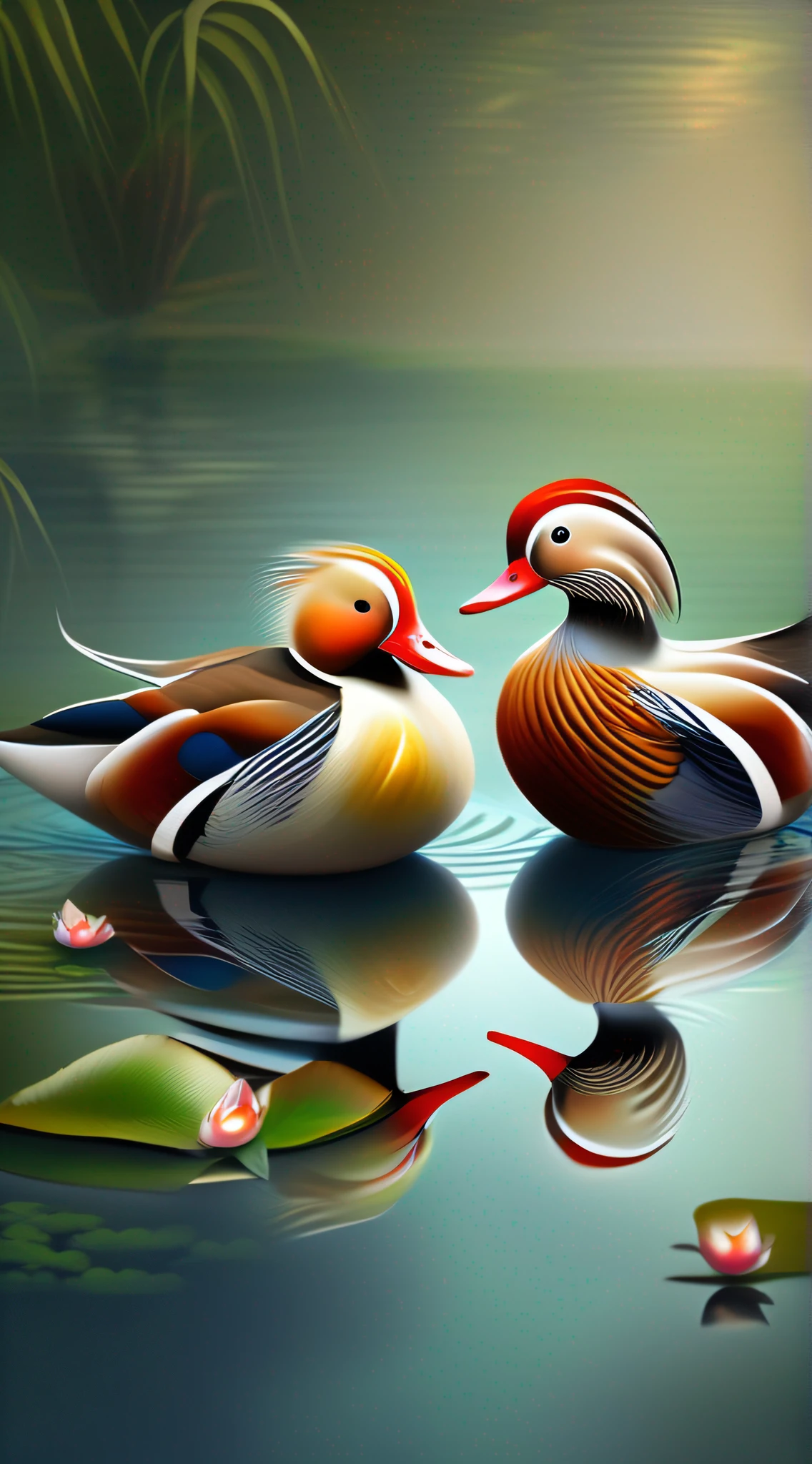 In a fascinating picture,A pair of mandarin ducks in the pond,Mandarin ducks' gorgeous feathers plus lotus flowers around them,Two mandarin ducks face to face,It creates a captivating scene of harmony and otherworldly beauty,(中景 the scene is:1.3),(lotus flower:1.3),(Ripples in the water:1.2),Ultra photo realsisim,Ultra-detailed graphics,masterece-piece,Premium wallpapers,hdr,(真实感,Masterpiece quality,Best Quority)
