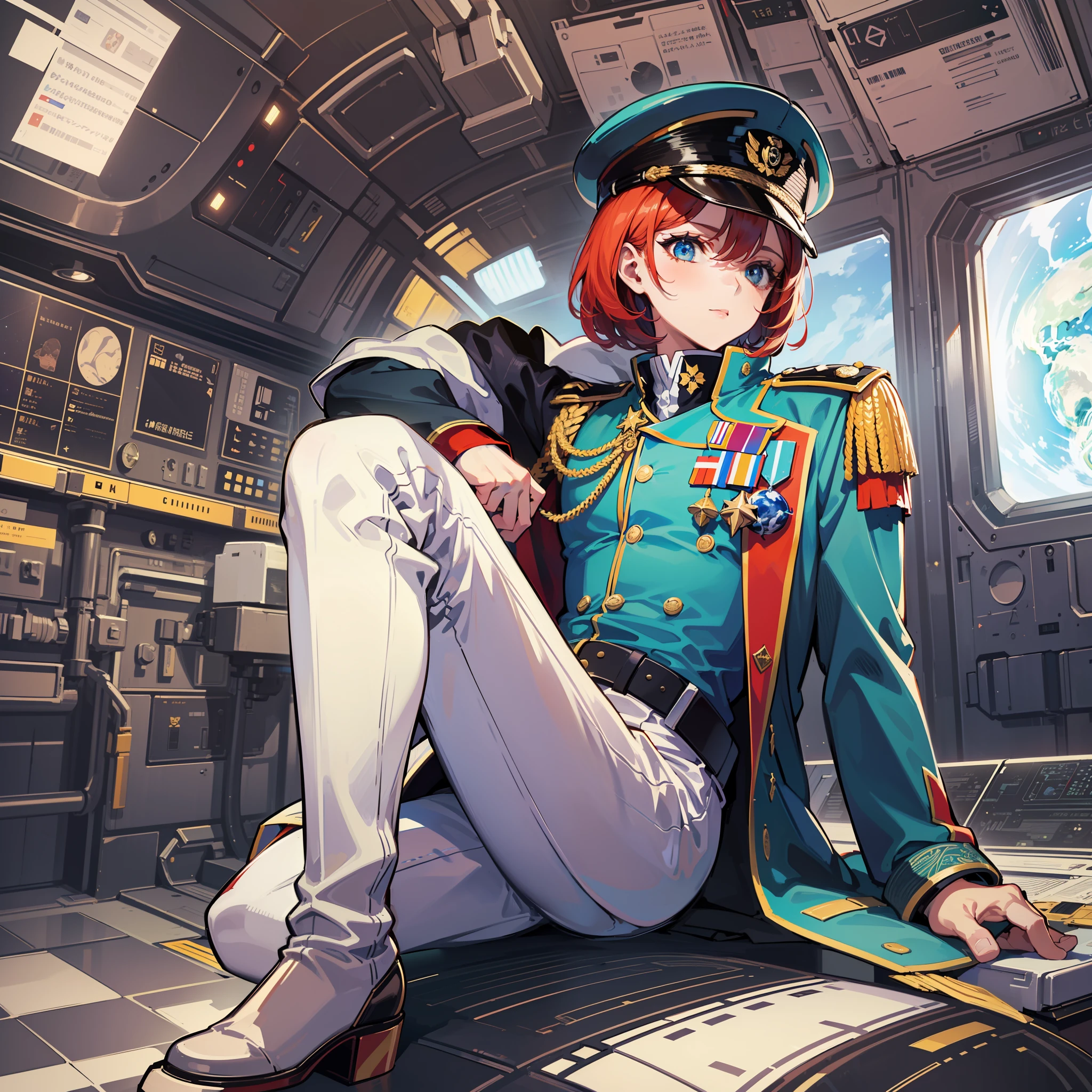 ((Masterpiece)), ((Highest Image Quality)), ((Best Quality)), (Illustration of One Girl), Full Body, 25 Years Old, Short Red Hair, (Thin Hair on Both Sides of Face), Blue Eyes, (((Tall)), ((Muscular Strong Body)), ((Manspreading)), Open Legs, (((Military Uniform)), (Military Hat)), (Military Coat)), (White Clothes), (White Pants), (White Hat), Trench Coat, ((Inside the spaceship, sitting in the captain's seat)), (outside the window, space, Earth seen from space, spaceport)