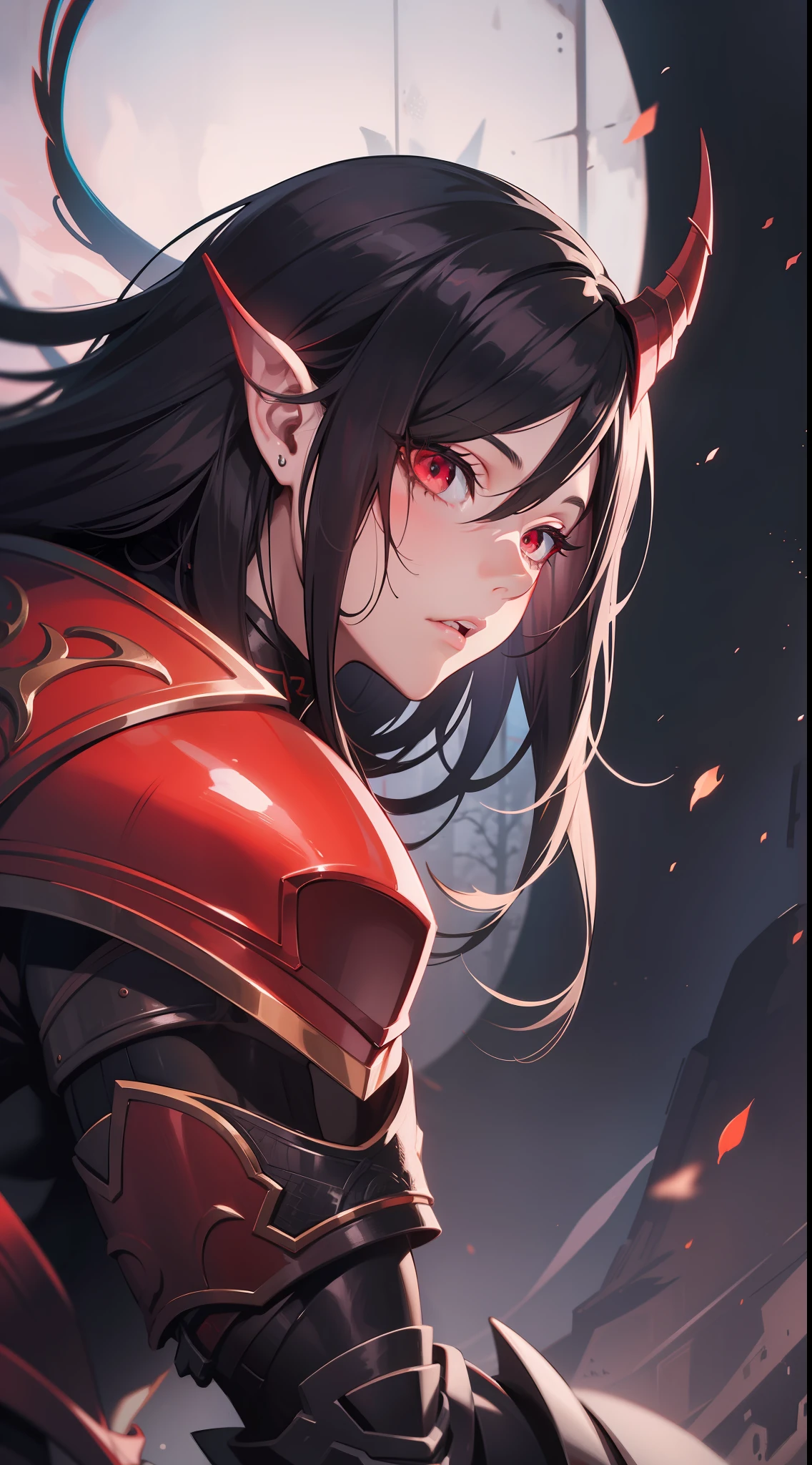 Young guy, Long black hair, red eyes, red tattoo on face, demon armor, daedric armor, Rage, Masterpiece, highly quality