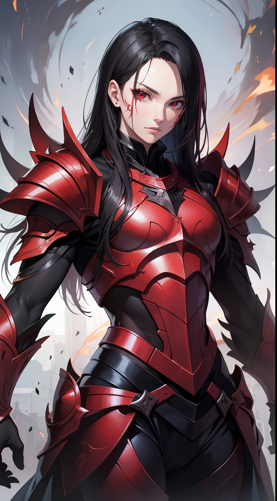 Young guy, Long black hair, red eyes, red tattoo on face, demon armor, daedric armor, Rage, Masterpiece, highly quality