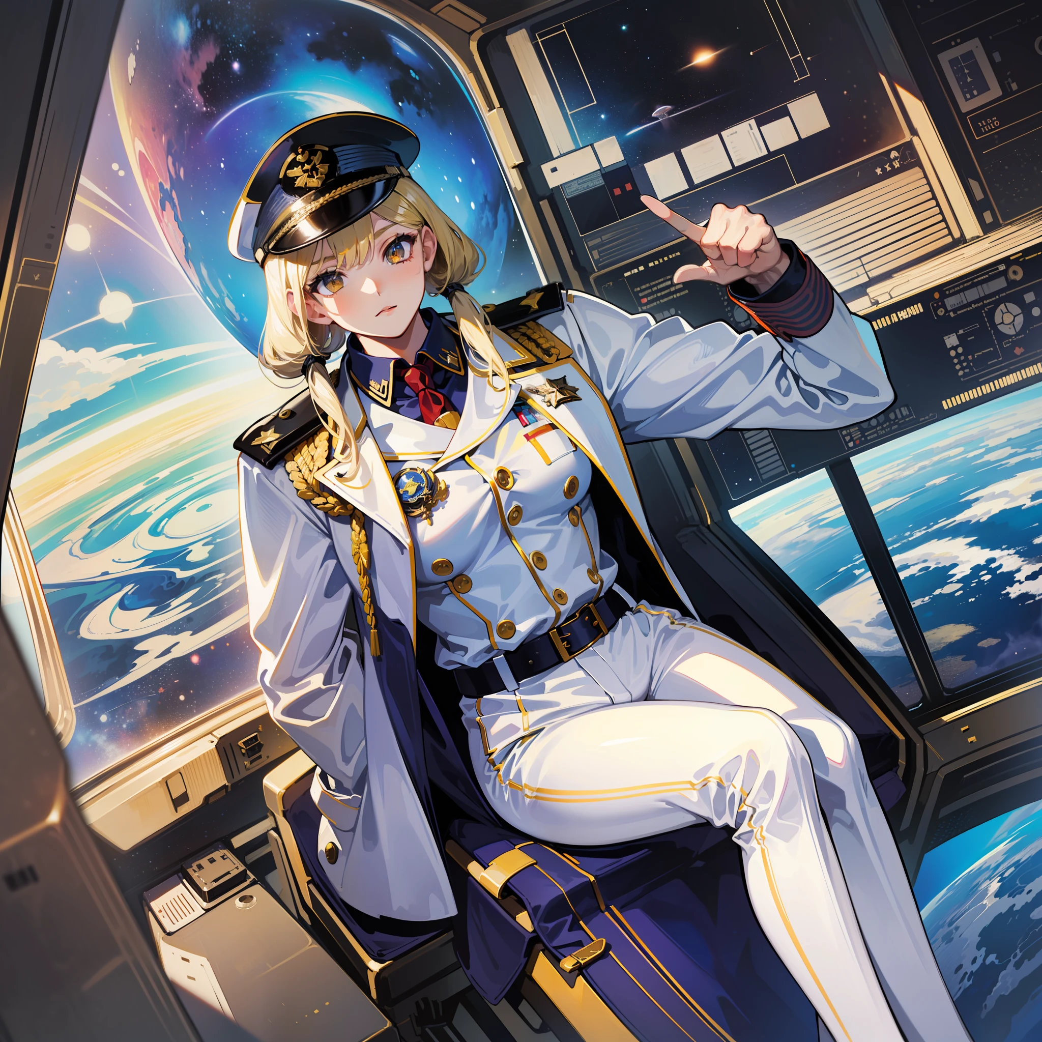 ((Masterpiece)), ((Highest Image Quality)), (((Best Quality)), (Illustration of One Girl), Full Body, 25 Years Old, (Neutral)), ((Blonde Twin Tails)), Light Golden Eyes, (Tall)), (Muscular Strong Body)), ((Muscular and Thick Body)), ((Muscular and Thick Arms)), ((Muscular and Thick Legs)), (Manspreading)), Open Legs, (((Army Uniform)), (Army Hat)), (((Army Coat)), (white clothes), (white pants), (white hat), trench coat, ((inside the spaceship, sitting in the captain's seat)), (outside the window, space, Earth seen from space, spaceport)