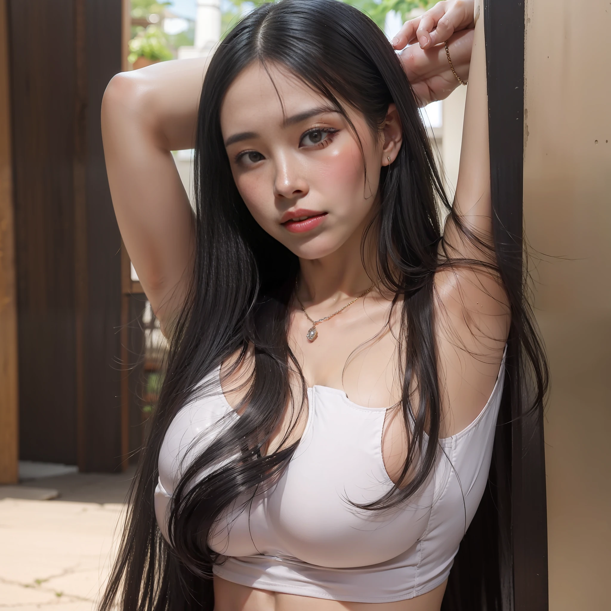 big boobs, white skin, sad eyes, ultra high resolution, erotic, fit body, thin underwear, through the gap, chest length hair, hair curled at the ends, black hair color, bath, 1girl, fit body