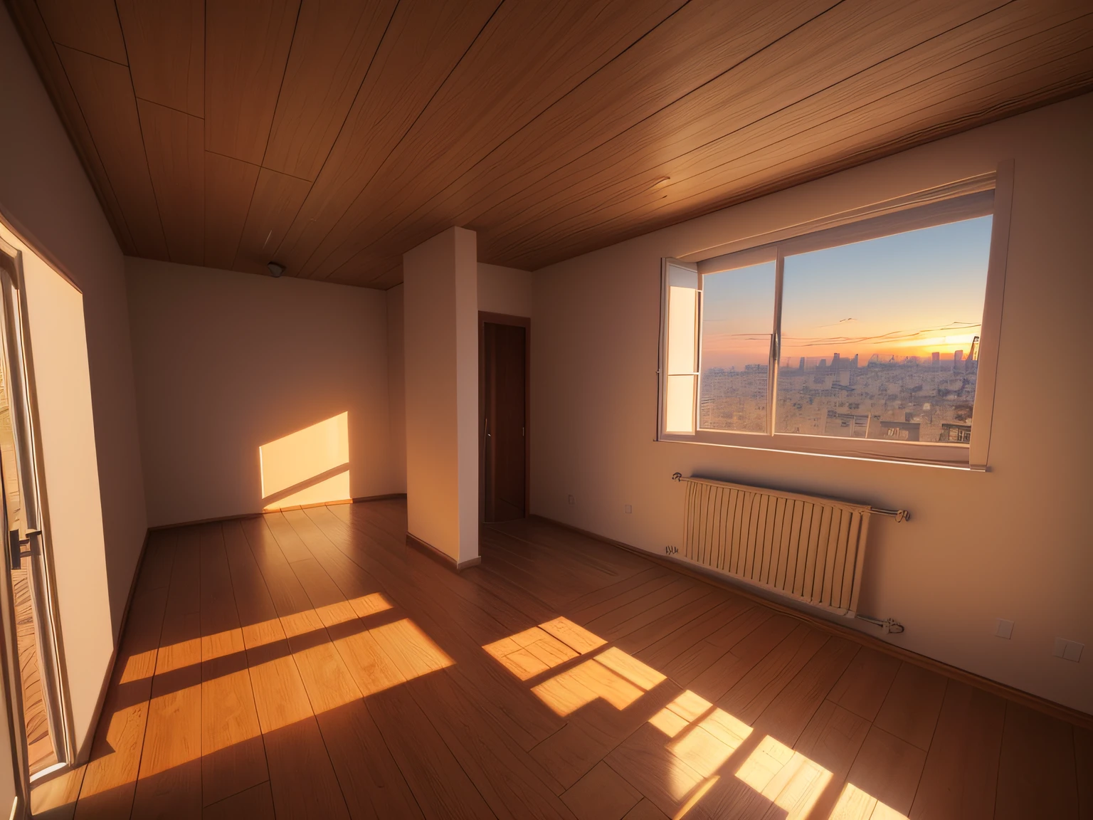 there is a empty room with a window and a wooden floor, imagem plana, grande piso aberto 8 k, apartamento cidade, fps view, imagem realista verdadeira, imagem real, São Paulo, Directed by: Felipe Seade, 4 0 0 mm, Quarto esparso, plano!!, com pano de fundo de luz natural, Realismo 8k, renderizado em rtx, tiro largo detalhado