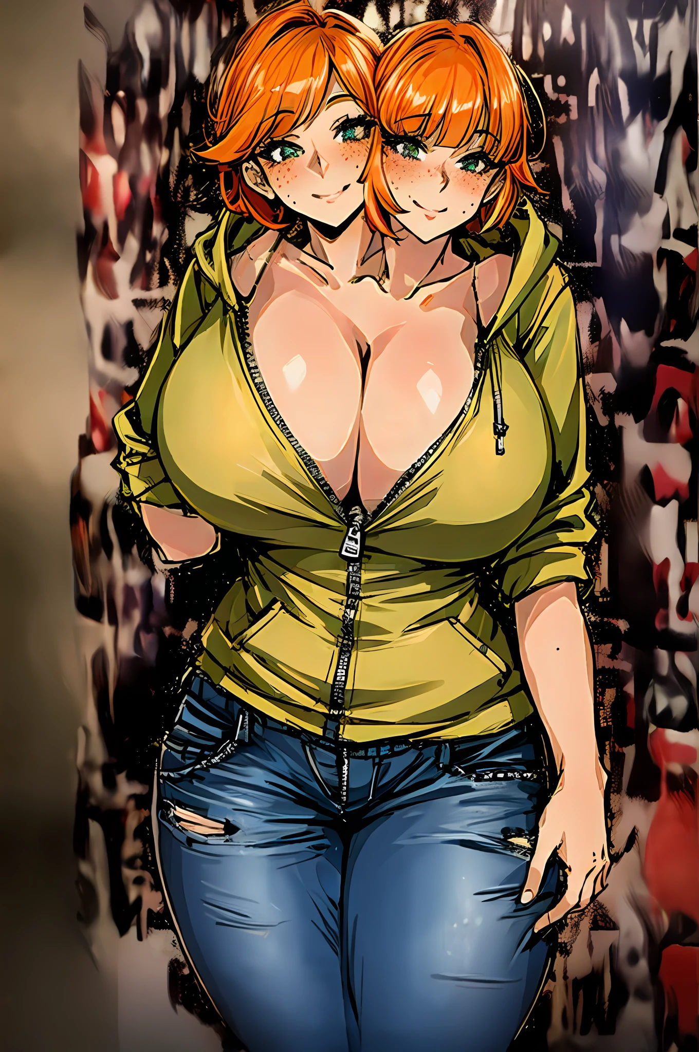 2heads, a chubby woman with 2 heads. She has enormous breasts. She is wearing a zip-up hoodie. Her hoodie is unzipped. She is not wearing clothes beneath the hoodie. Her enormous breasts are exposed through the unzipped hoodie. She is wearing jeans. She has thick thighs. She has gigantic breasts. She is blushing. She is smiling. She looks seductive. Massive breasts. She has orange hair. She has freckles.