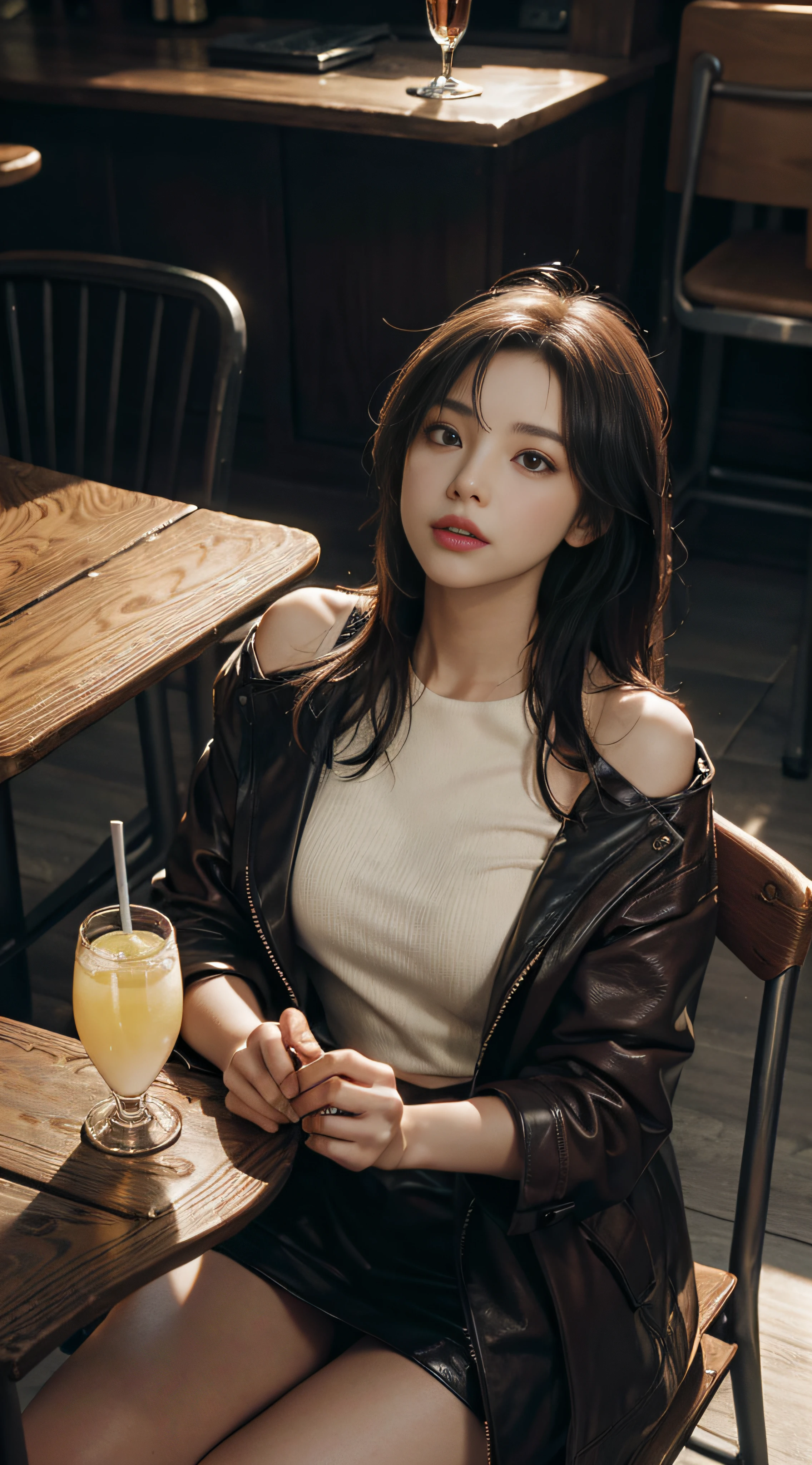 Look up,filmg,demi-corps,OriginalPhoto,At the empty table,Drink lemon juice,Burgundy leather coat,Exposed shoulder,silverlong hair,