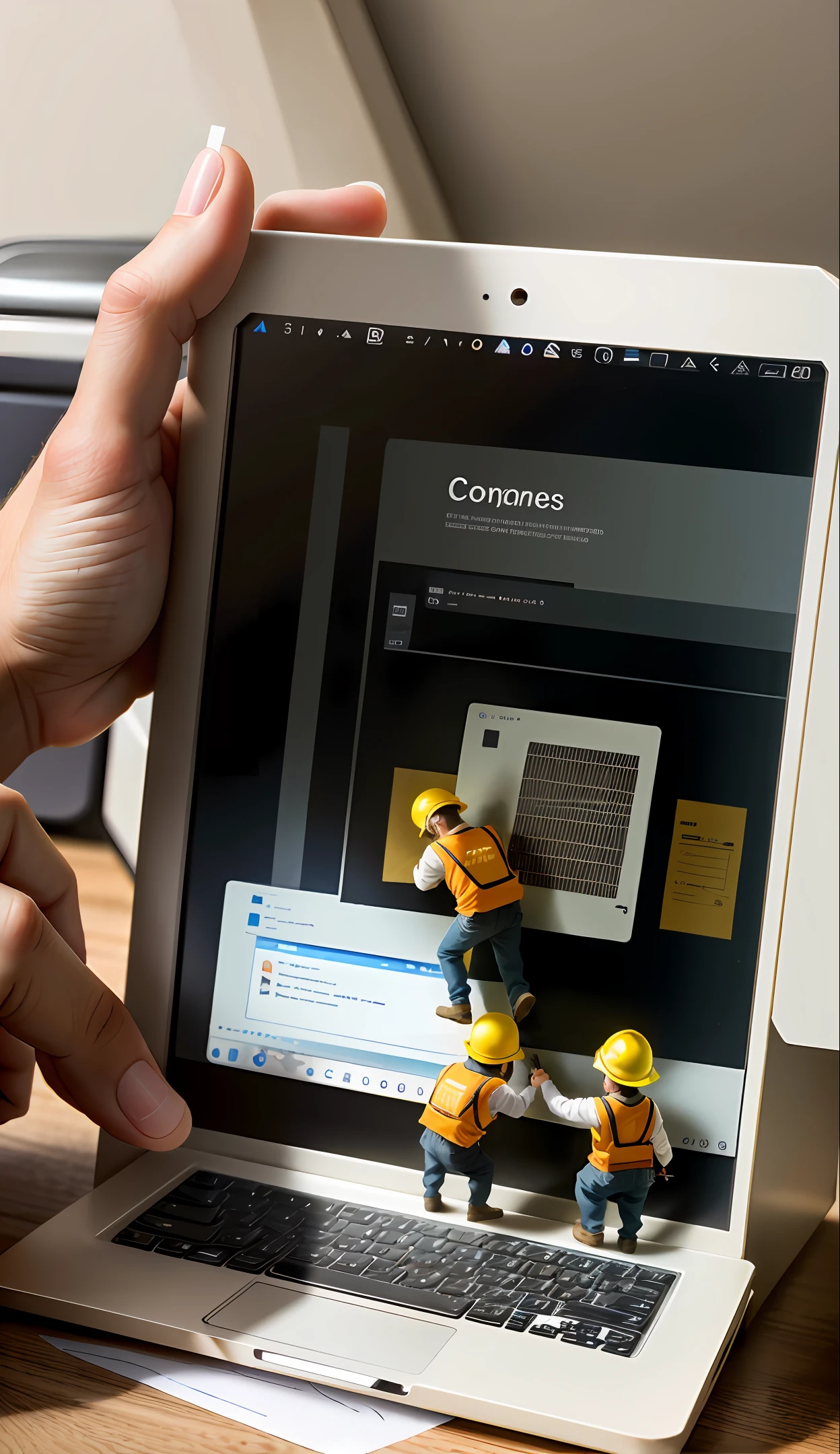 Very small construction workers, maybe one cm big, working inside of a computer