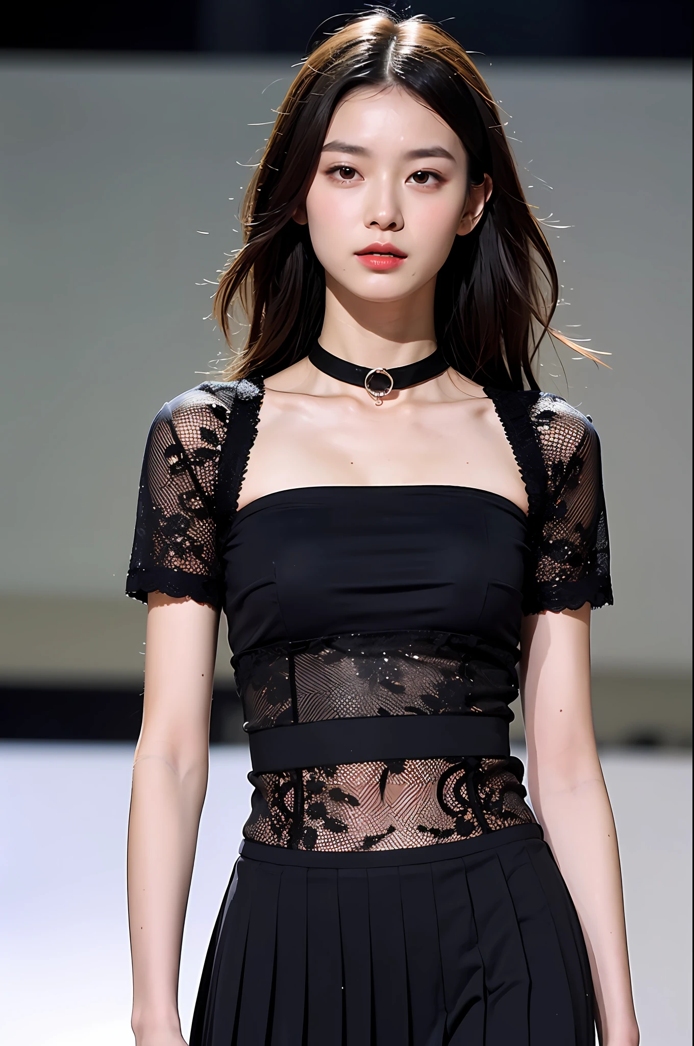 (Highly detailed body,Highly detailed face,the best quality:1.2) ,a woman with,Look at viewers,(Black bandeau,a black pleated skirt,Black lace collar)(D胸1.4),(There is no one next to the center of the catwalk in the background:1.4)