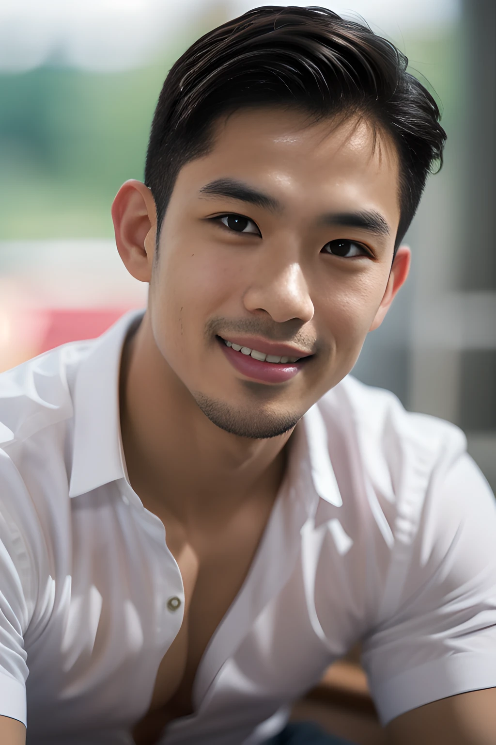 (Amazing portrait), (best quality), (hyper-realistic), (masculine features), (charming smile), (soulful eyes), (handsome Thai man)