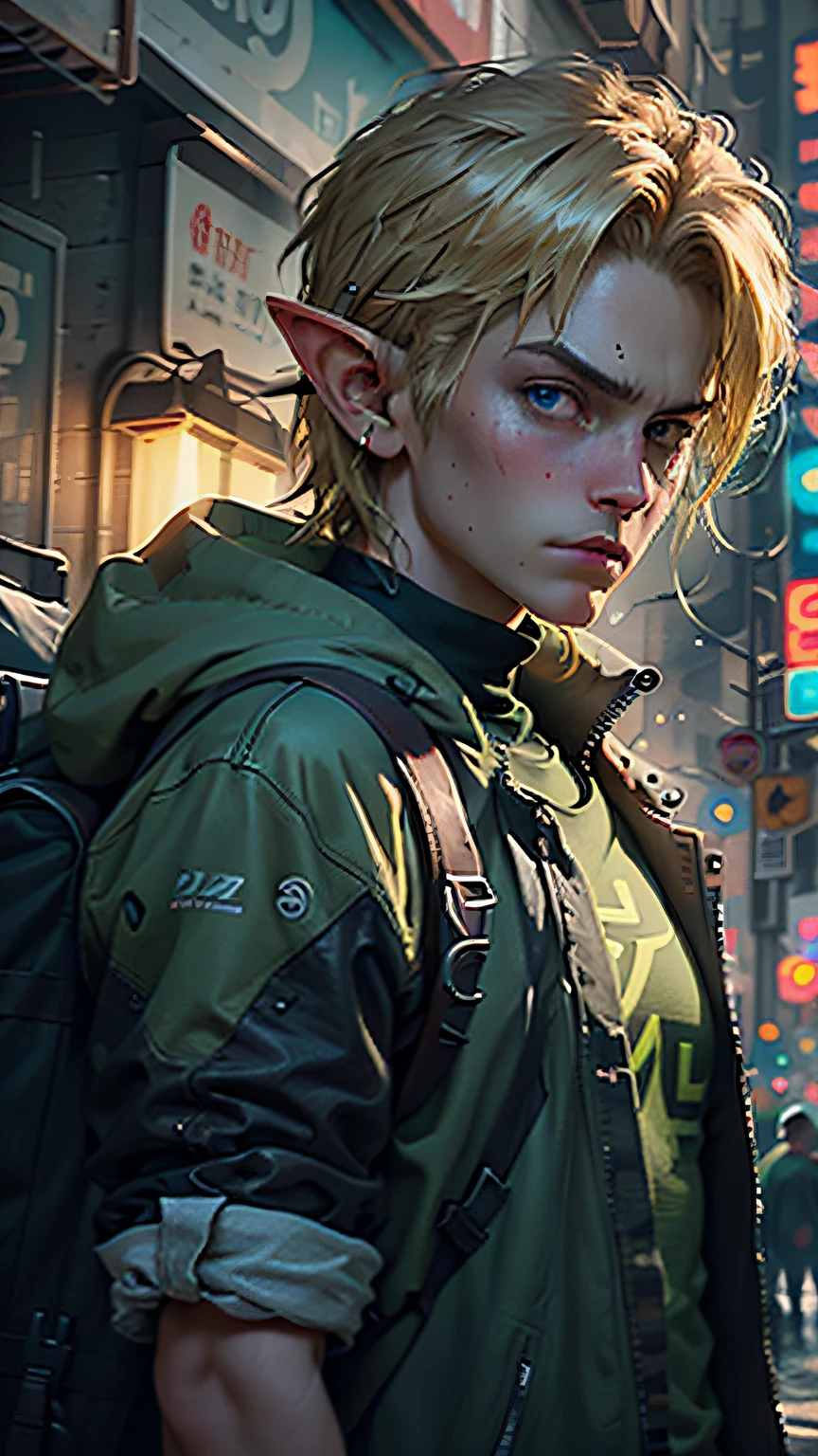 ultra detail, high resolution, ultra detailed, best quality, amazing, top quality, extremely detailed CG 8k wallpaper unit, cinematic lighting, Zelda cyberpunk link, cyberpunk, dark boy, green clothing, green armor, neon berde, blond hair, elf