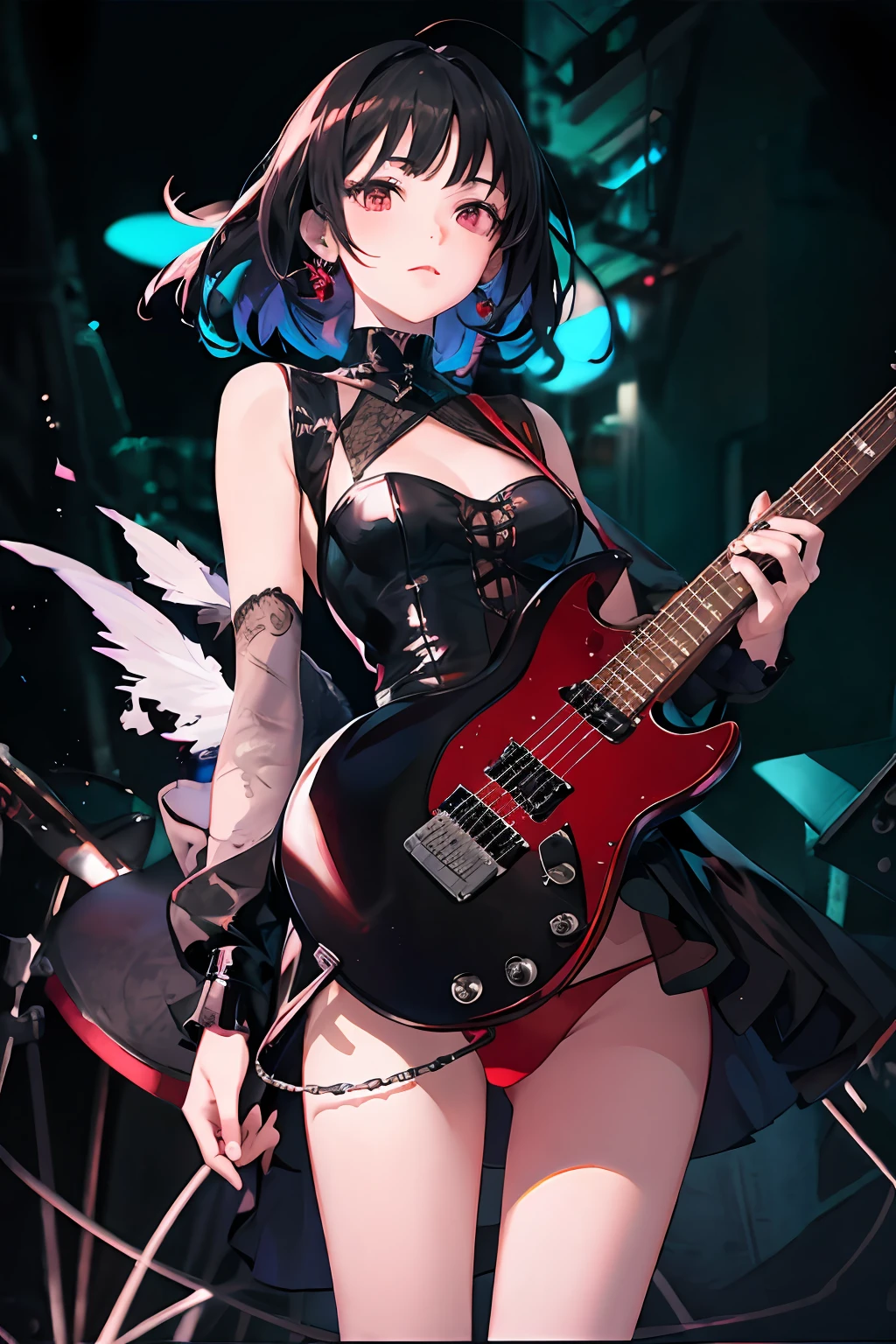 (masterpiece, best quality), 1girl, yo, realistic, black dress, red tie, goth, (red panties), upskirt, (red electric guitar), standing, vibrant colors, abstract background, lines geometric, night, dark theme, high contrast, deep shadows