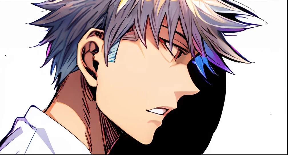 a anime of a man with a gray hair, from side view, side view, white shirt, color manga, manga color, color manga, color manga panel, simple background, a white background
