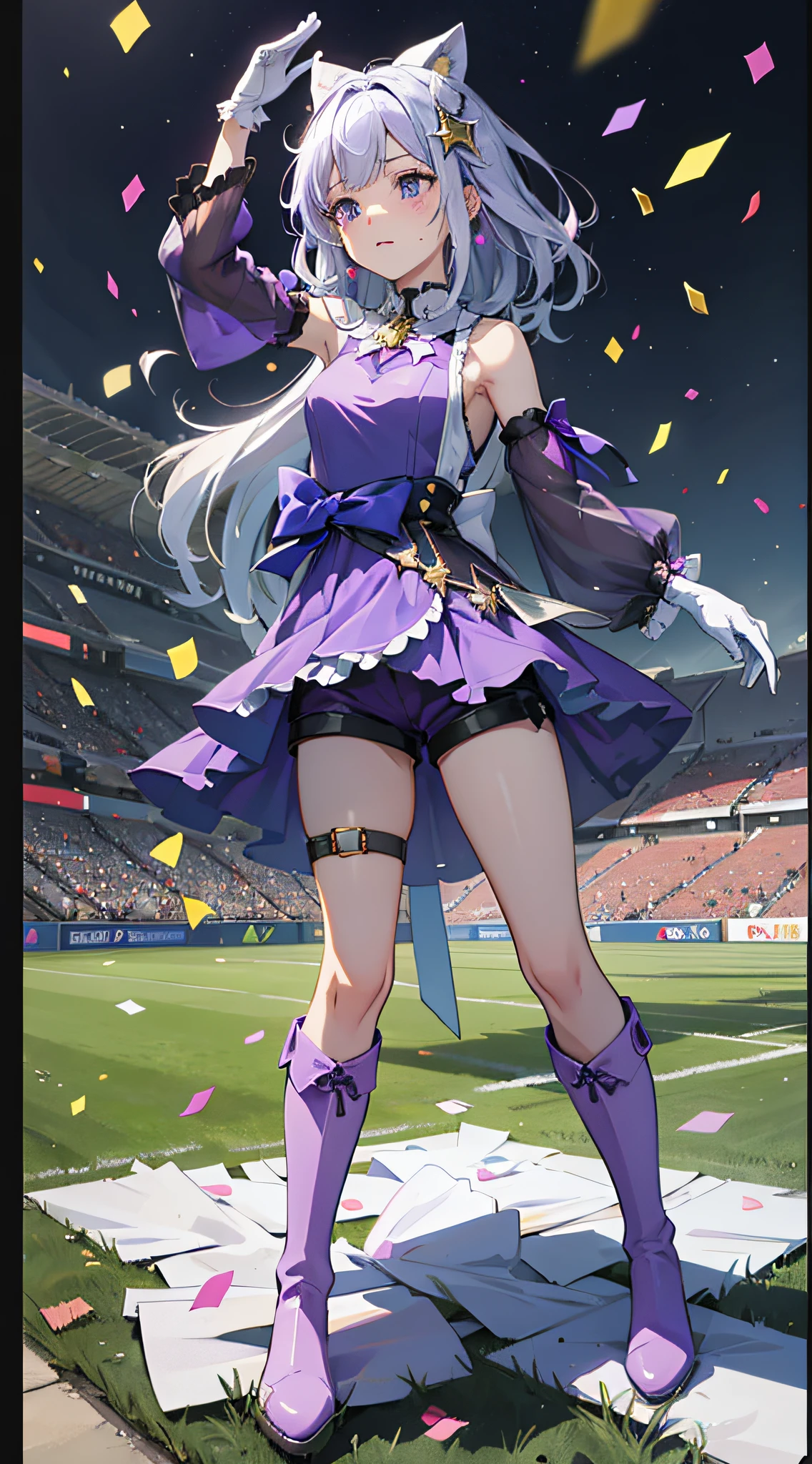 masterpiece, best quality,
narita top road,
grass, stadium, confetti,
standing, sweatdrop, hand up, looking down,
ear cover, star hair ornament, brooch, sleeveless dress, purple dress, white bow, mismatched gloves, white gloves, black gloves, shoulder cutout, puffy long sleeves, detached sleeves, see-through sleeves, frills, shorts under dress, short shorts, purple shorts, thigh strap, knee boots, purple footwear,