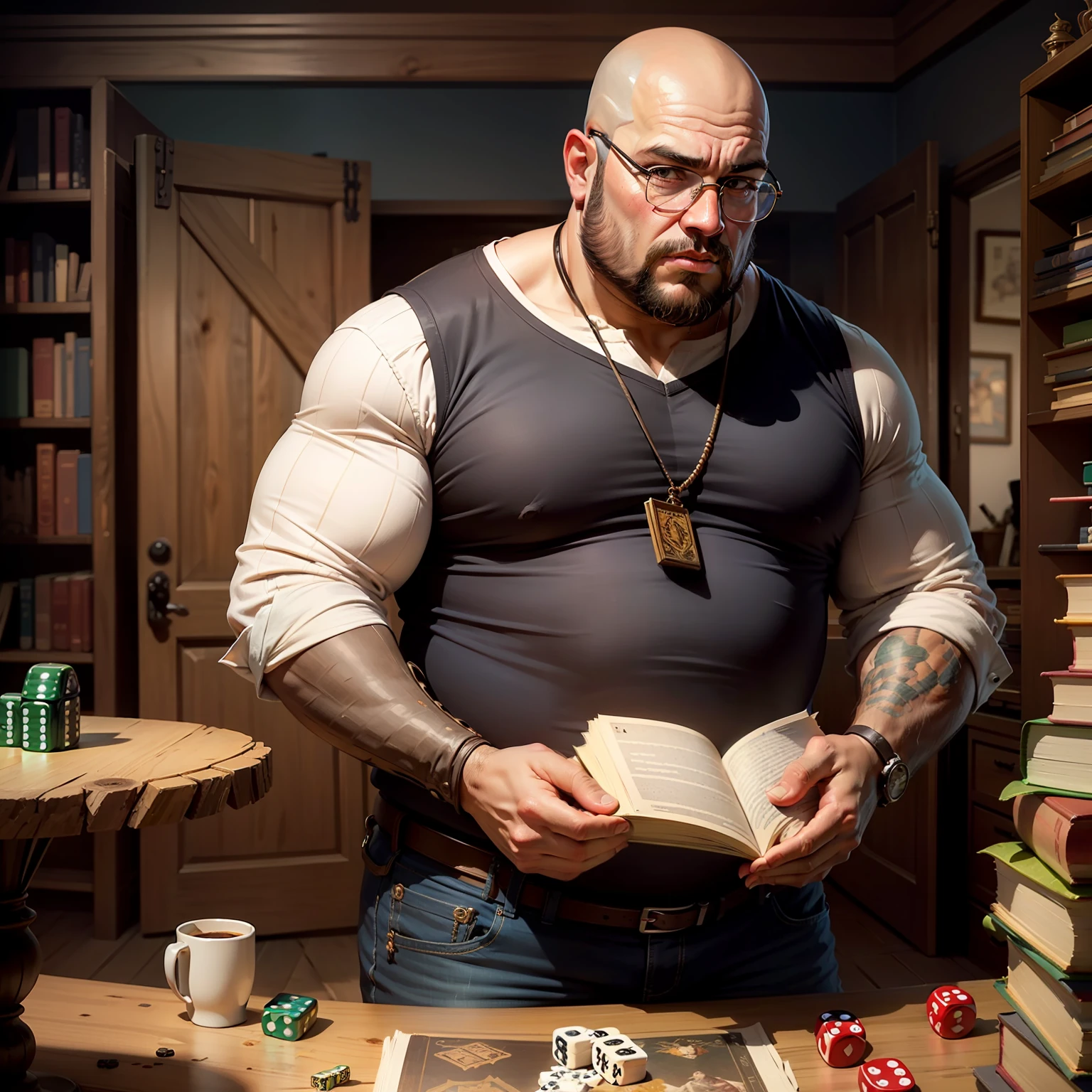desenho, bastante detalhado. cavaleiro medieval, shaved head, with medium beard and dark brown color, fat guy, vestindo armadura ornamentada, com capa azul e vermelha, holding with the left hand spanked up dice of 6 colored sides, in front of a wooden table where there are several books and heavy tomes, papiros e miniaturas de guerreiros. serious facial expression, wears aviator-style reading glasses. Apenas um homem na imagem. --auto