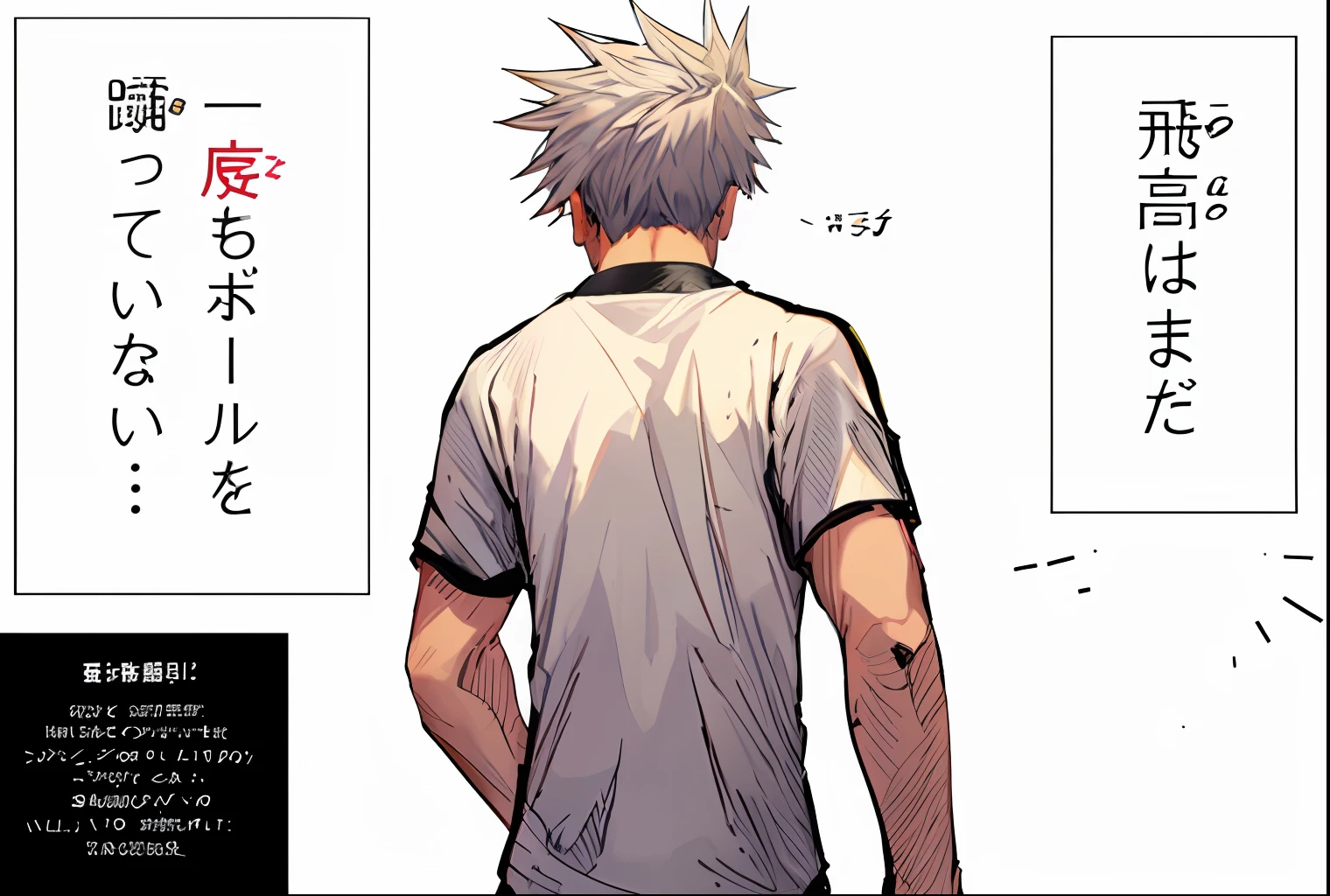 a anime of a man with a gray hair, white shirt, from behind, behind view, text box speech, color manga, manga color, color manga, color manga panel, simple background, a white background