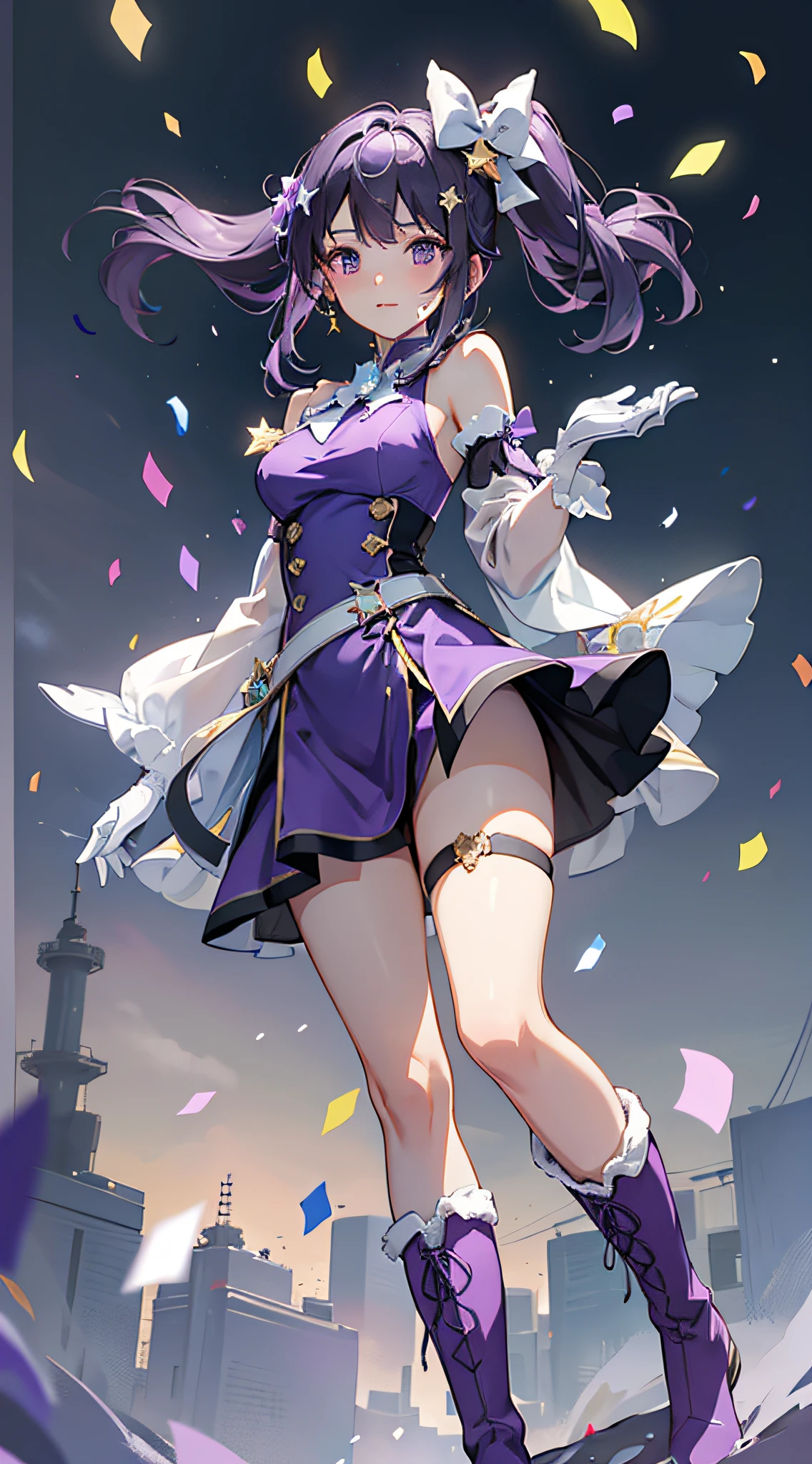 masterpiece, best quality,
narita top road,
grass, stadium, confetti,
standing, sweatdrop, hand up, looking down,
ear cover, star hair ornament, brooch, sleeveless dress, purple dress, white bow, mismatched gloves, white gloves, black gloves, shoulder cutout, puffy long sleeves, detached sleeves, see-through sleeves, frills, shorts under dress, short shorts, purple shorts, thigh strap, knee boots, purple footwear,